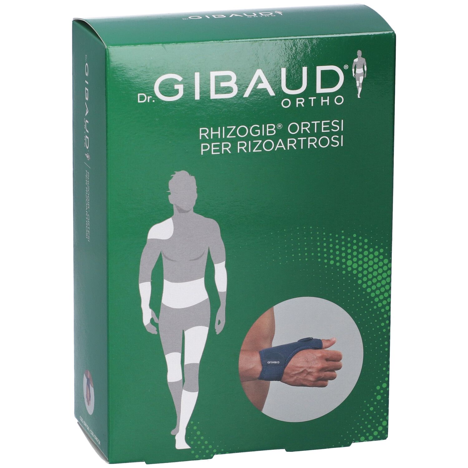 Scatola verde. Scritta: Dr. Gibaud Ortho, Rhizogib Ortesi per Rizoartrosi. Immagine di una mano con ortesi.
