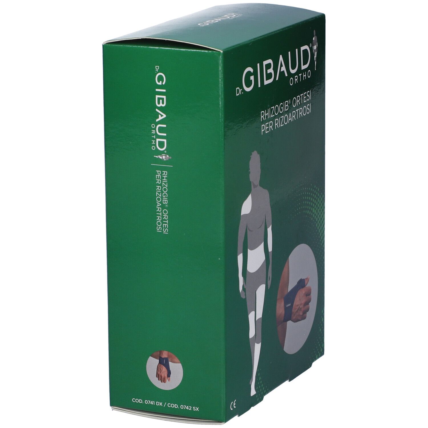 Grüne Schachtel. Aufschrift: Dr. Gibaud Ortho, Rhizogib Ortesi per Rizoartrosi. Produktabbildung und Text.