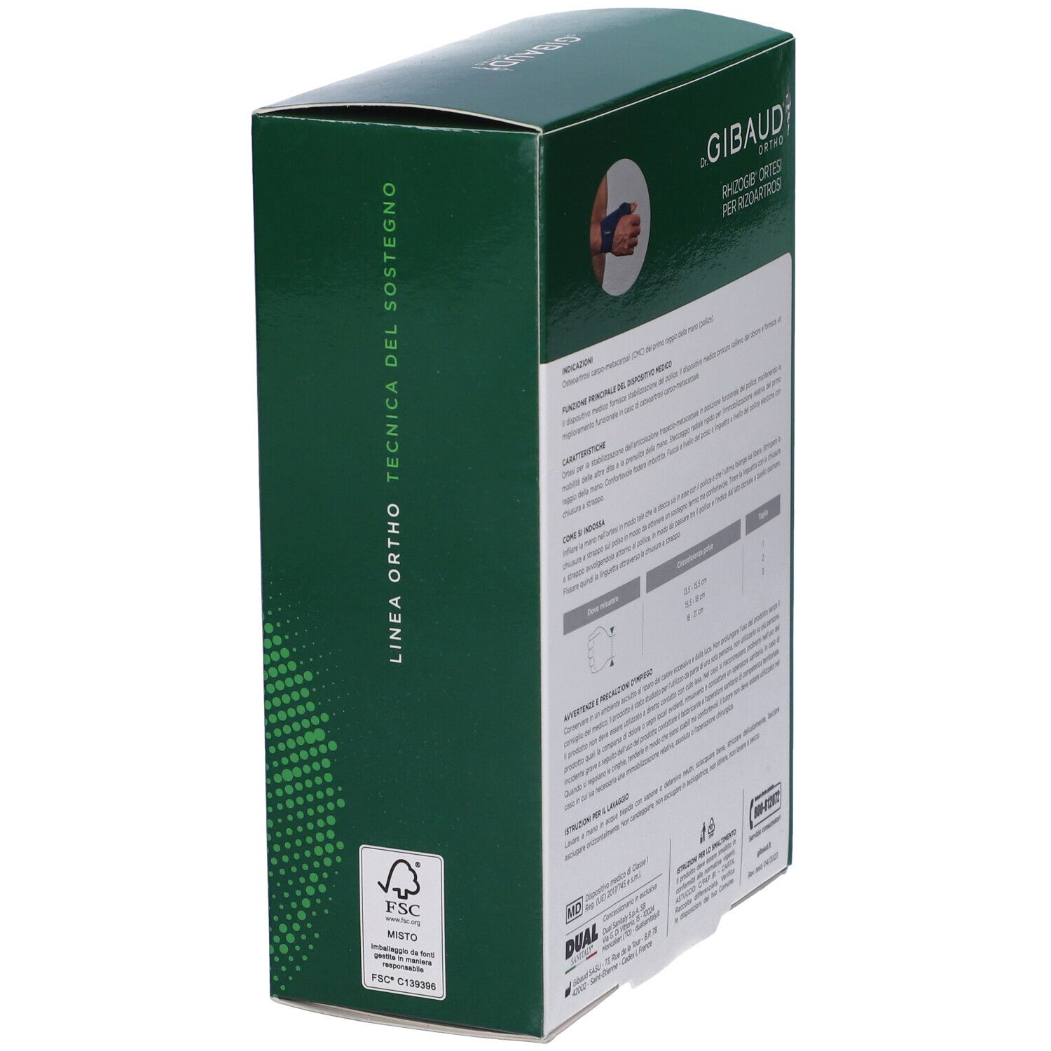 Seite der grünen Schachtel. Text: Linea Ortho Tecnica del Sostegno. FSC-Zertifizierung.
