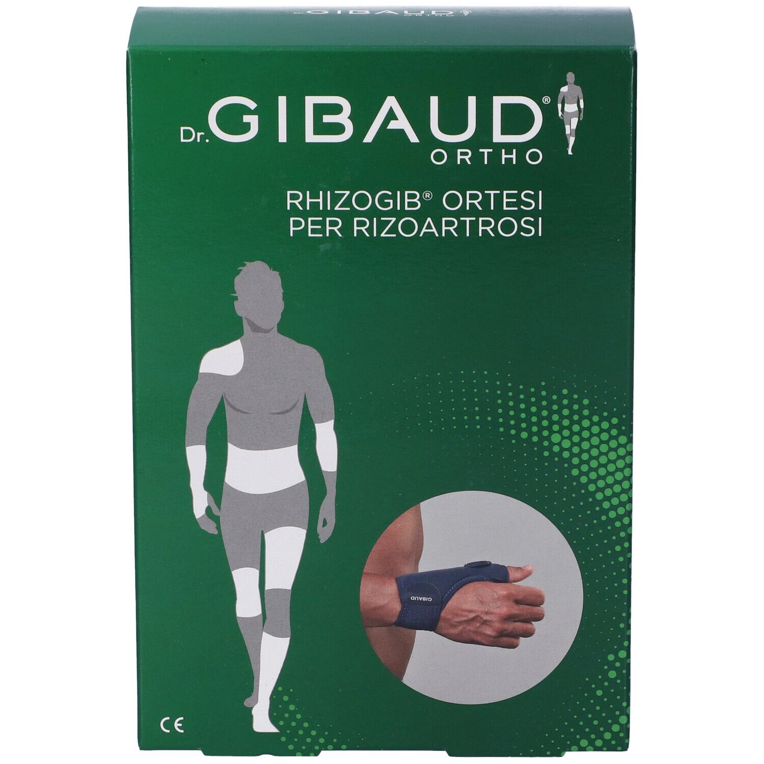 Grüne Schachtel. Aufschrift: Dr. Gibaud Ortho, Rhizogib Ortesi per Rizoartrosi. Abbildung einer Hand mit Orthese.