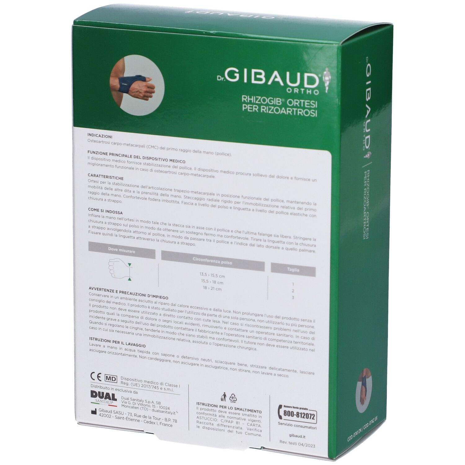 Rückseite der grünen Schachtel. Text in italienischer Sprache. Logos und Zertifizierungen.