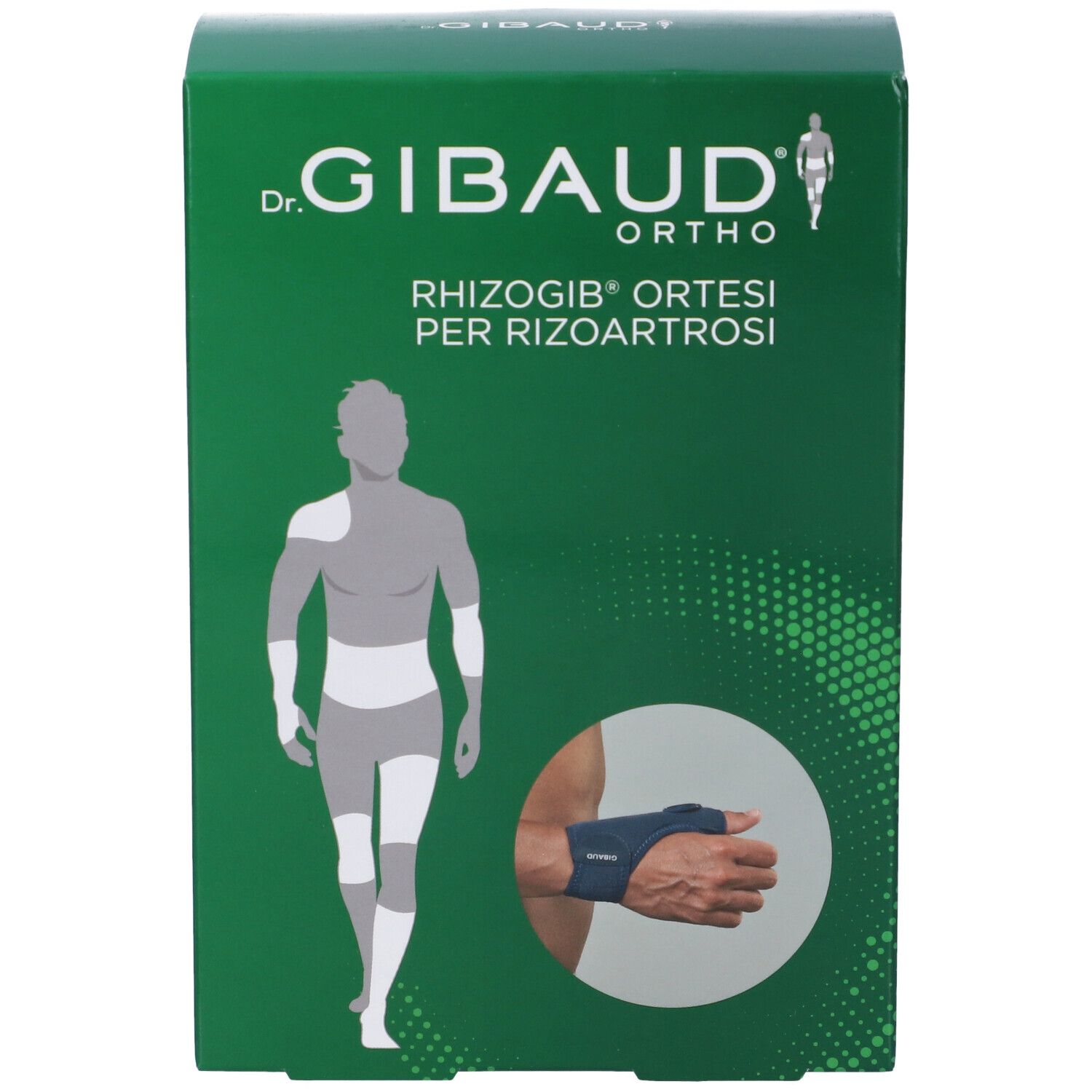 Grüne Schachtel. Aufschrift: Dr. Gibaud Ortho, Rhizogib Ortesi per Rizoartrosi. Abbildung einer Hand mit Orthese.