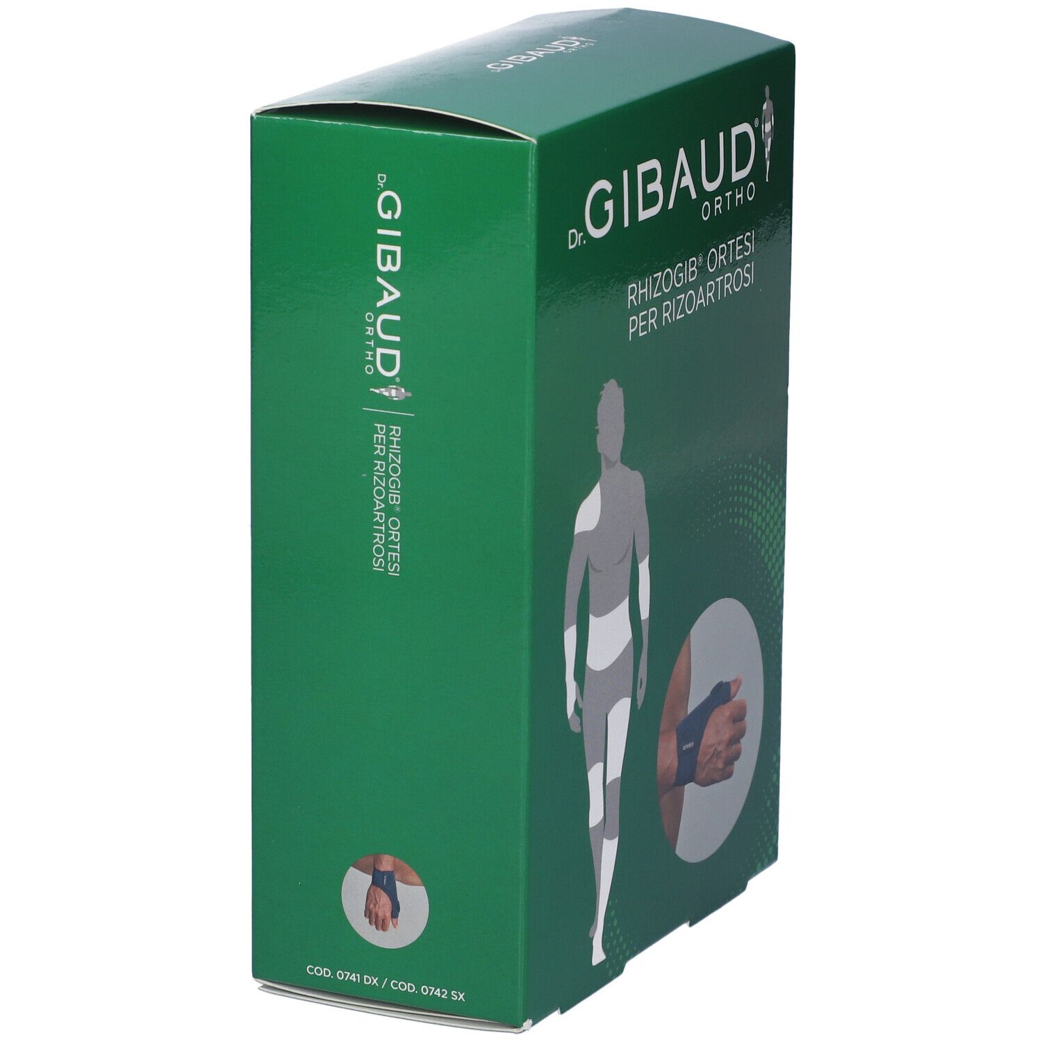 Grüne Schachtel. Aufschrift: Dr. Gibaud Ortho, Rhizogib Ortesi per Rizoartrosi. Seitenansicht der Verpackung.