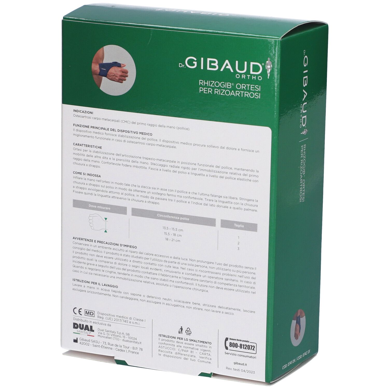 Grüne Schachtel. Rückseite mit Text und Informationen. Aufschrift: Dr. Gibaud Ortho. CE-Kennzeichnung.
