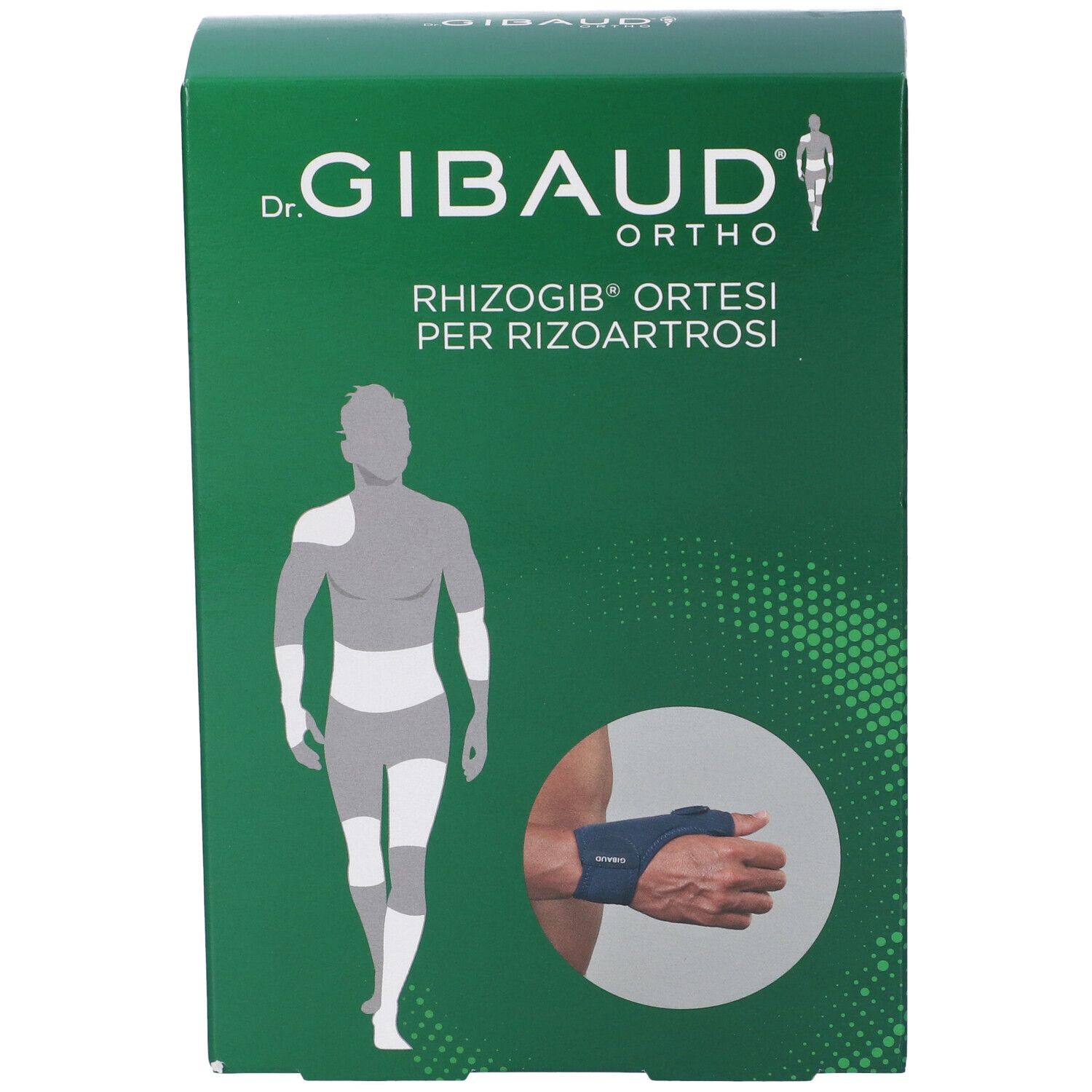 Grüne Schachtel. Aufschrift: Dr. Gibaud Ortho, Rhizogib Ortesi per Rizoartrosi. Illustration eines Handgelenks mit Orthese.