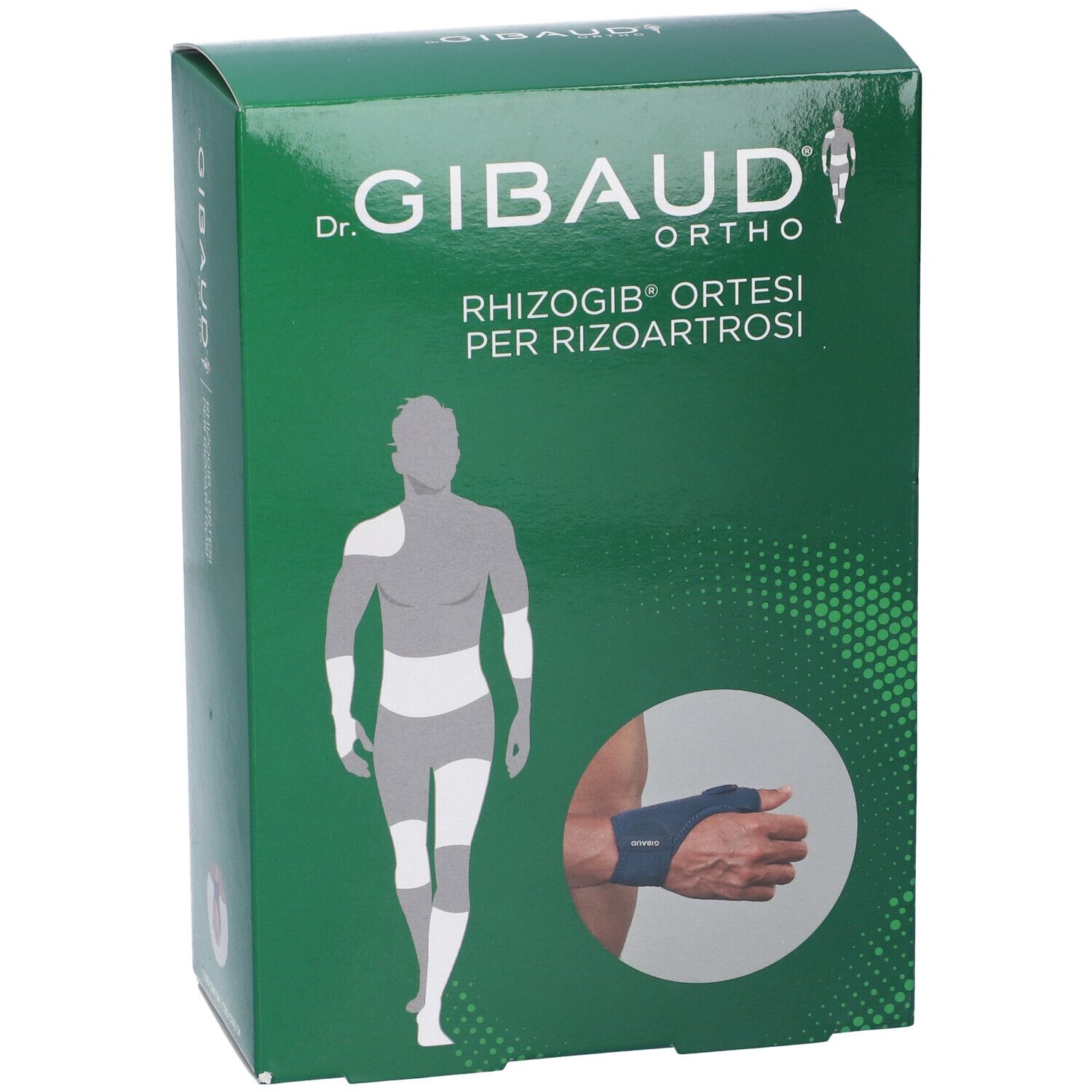 Grüne Schachtel. Aufschrift: Dr. Gibaud Ortho, Rhizogib Ortesi per Rizoartrosi. Illustration eines Handgelenks mit Orthese.