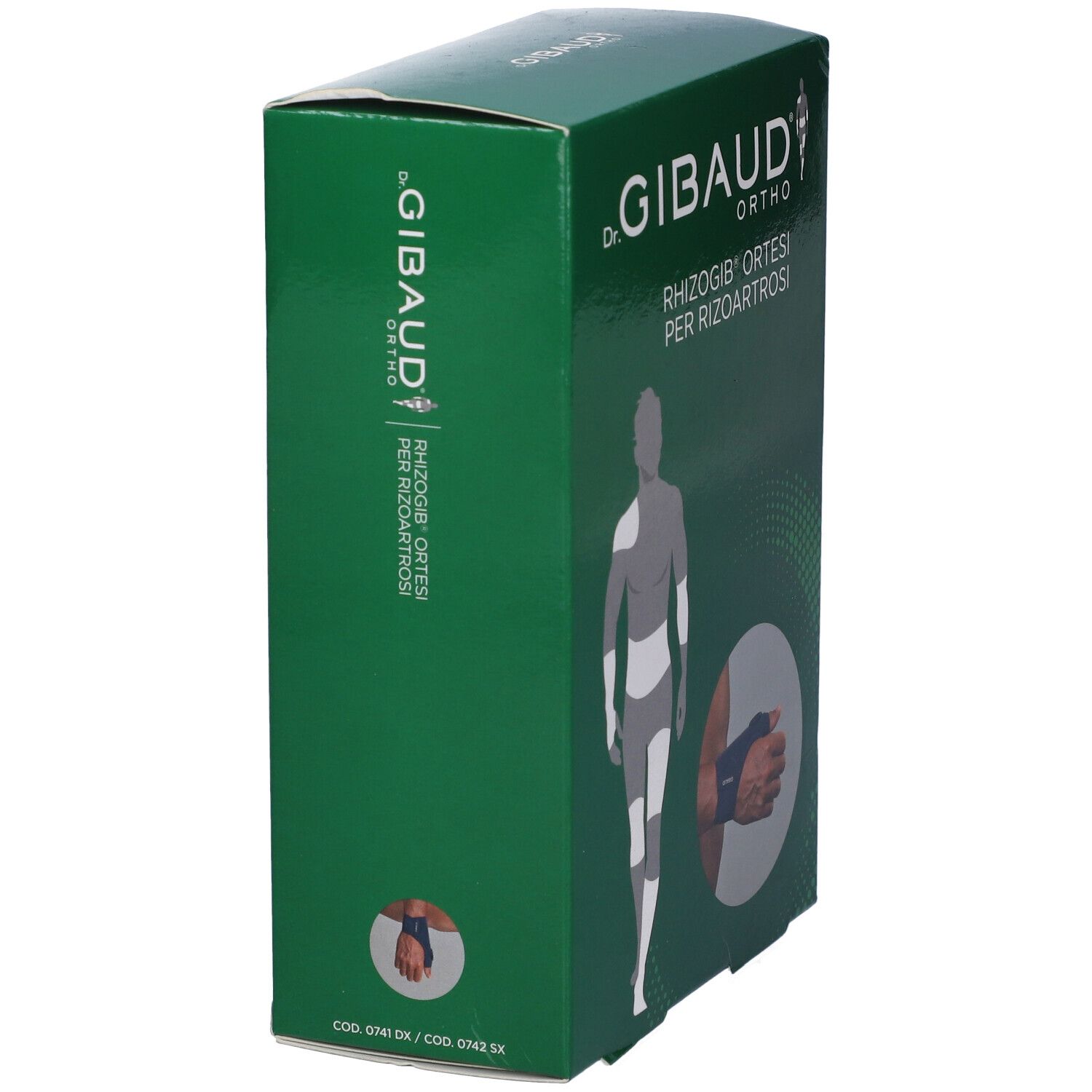 Grüne Schachtel. Aufschrift: Dr. Gibaud Ortho, Rhizogib Ortesi per Rizoartrosi. Seitenansicht der Verpackung.