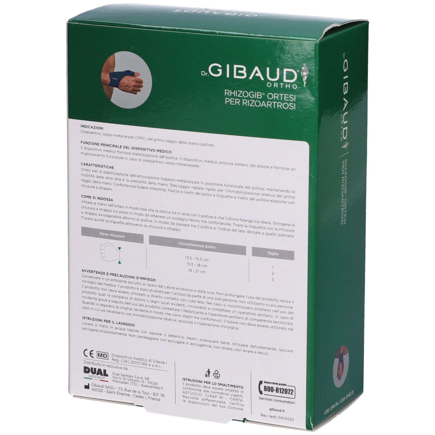 Rückseite der grünen Schachtel. Text: Dr. Gibaud Ortho, Rhizogib Ortesi per Rizoartrosi. Informationen und Größen.