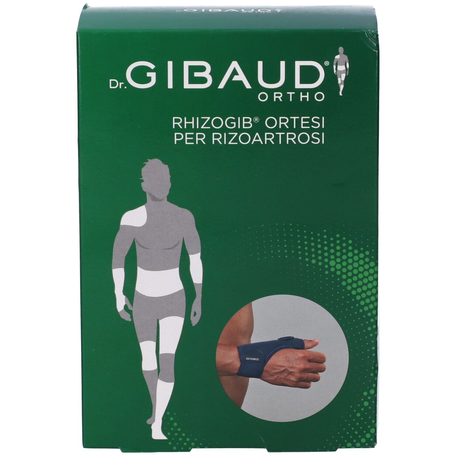 Grüne Schachtel. Aufschrift: Dr. Gibaud Ortho, Rhizogib Ortesi per Rizoartrosi. Abbildung einer Hand mit Orthese.