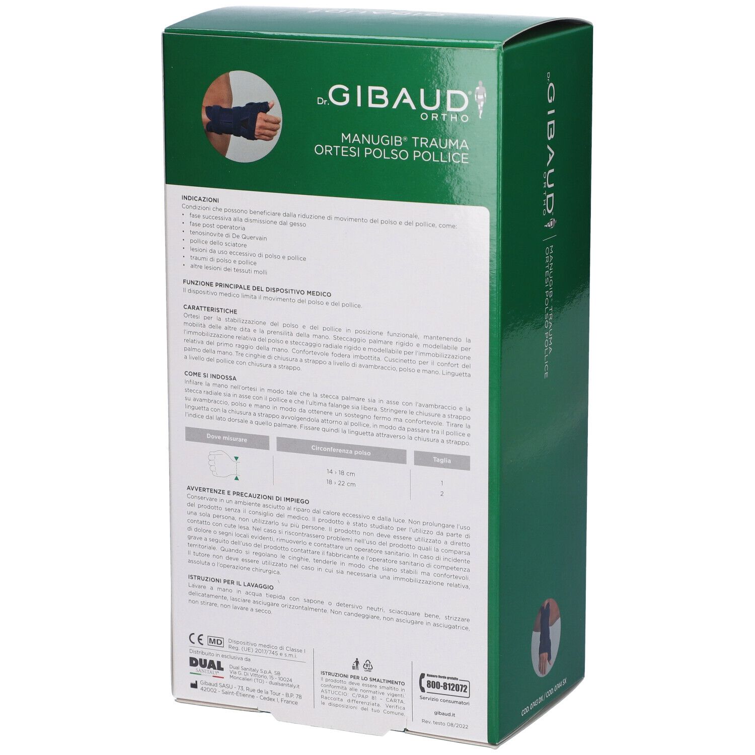 Rückseite der Verpackung einer Handgelenk-Daumenorthese mit Produktinformationen.