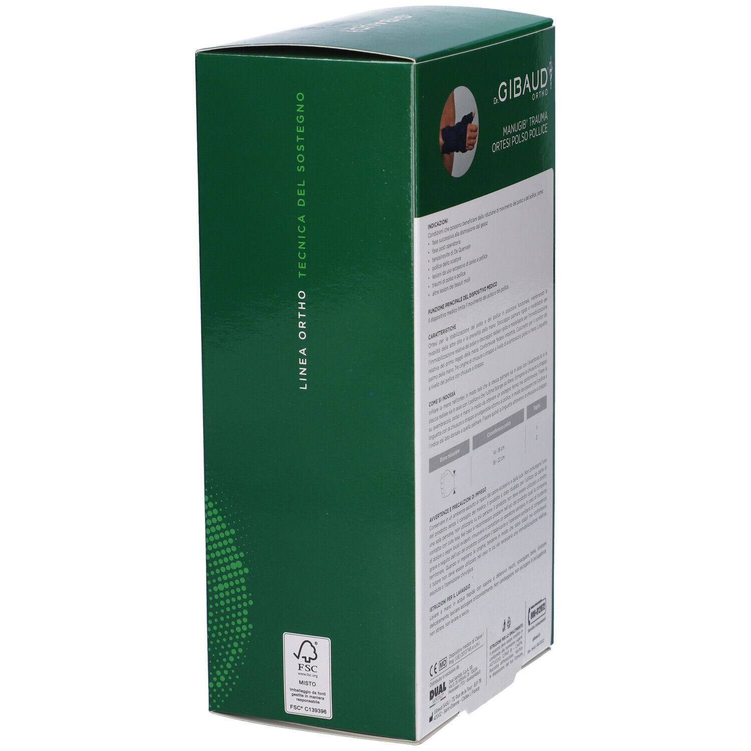 Seite der Verpackung einer Handgelenk-Daumenorthese mit Produktinformationen.