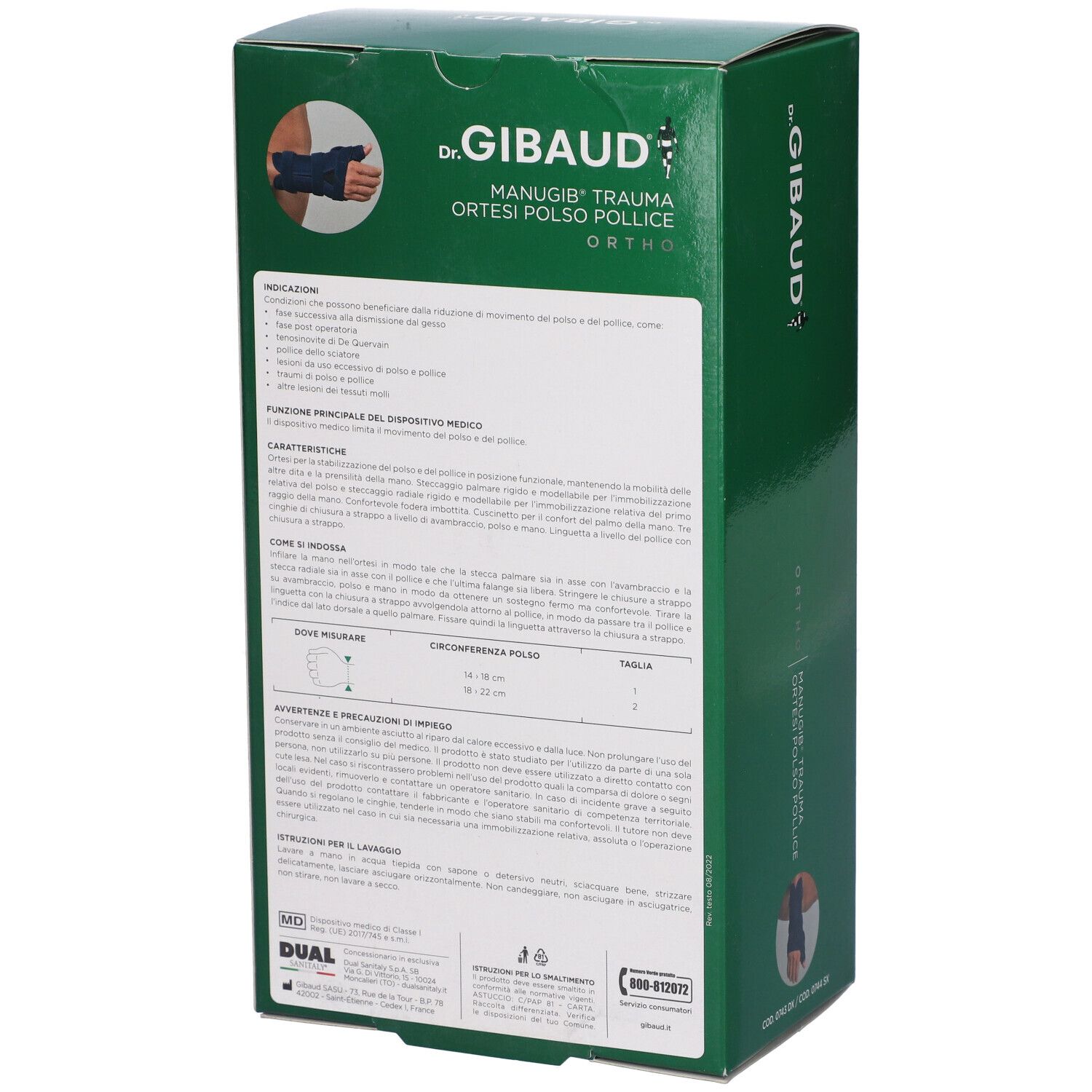 Dr. Gibaud Manugib Trauma Orthese: Rückseite der Verpackung mit detaillierten Produktinformationen und Größentabelle.