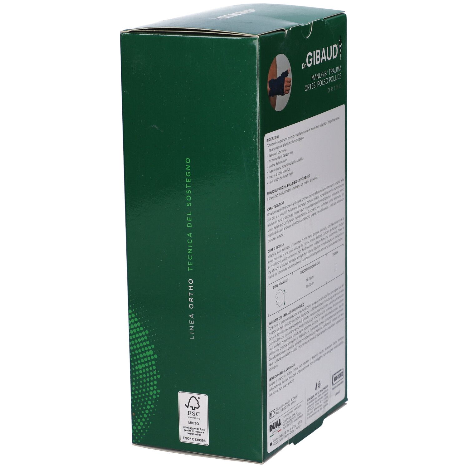 Dr. Gibaud Manugib Trauma Orthese: Seitenansicht der Verpackung mit FSC-Logo und Produktinformationen.