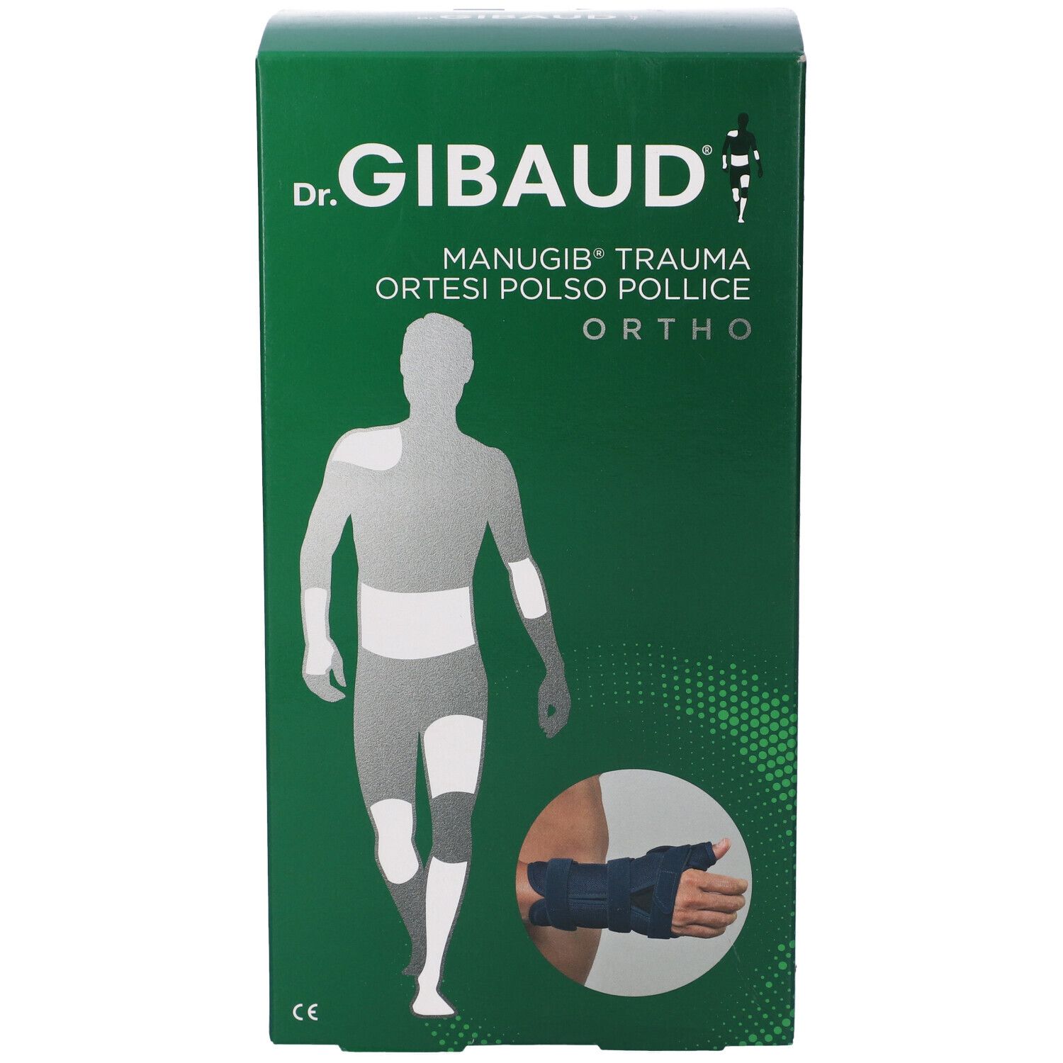 Dr. Gibaud Manugib Trauma Orthese: Vorderseite der Verpackung mit schematischer Darstellung des menschlichen Körpers.