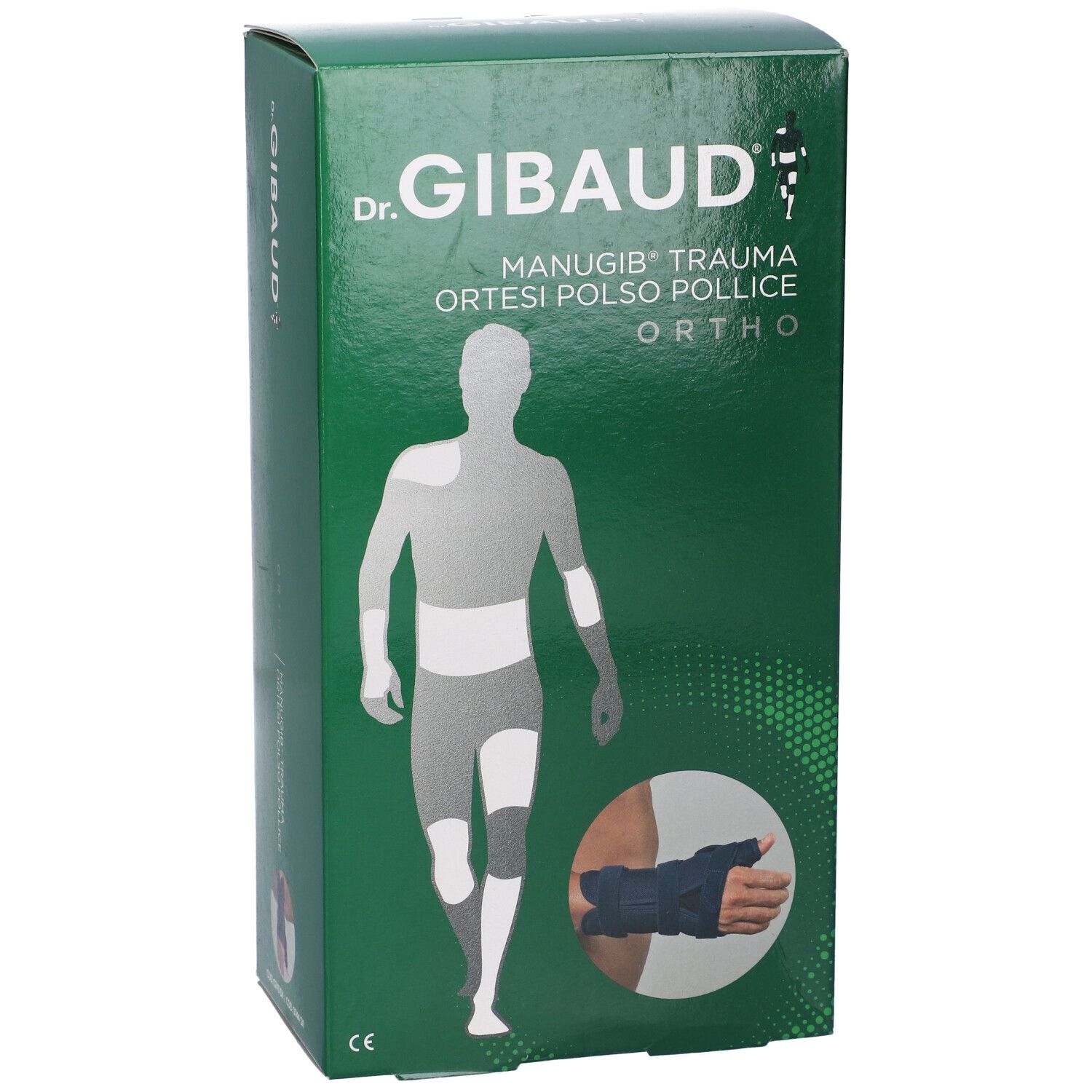 Dr. Gibaud Manugib Trauma Orthese: Verpackung mit Nahaufnahme der Handgelenk-Daumen-Schiene.