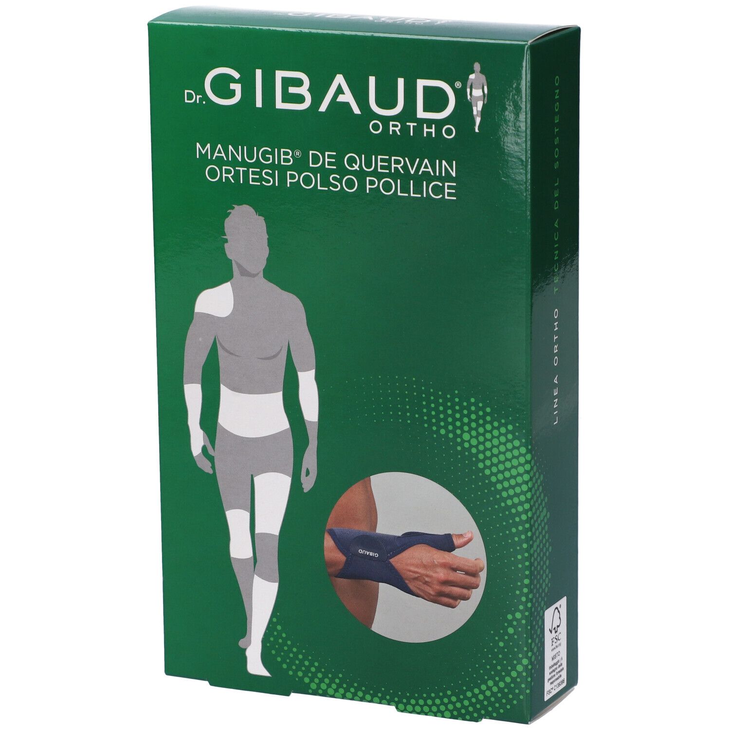 Grüne Verpackung mit Produktabbildung. Aufschrift: Dr. Gibaud Ortho, Manugib De Quervain Ortesi Polso Pollice. Illustration eines Handgelenk- und Daumenorthese.
