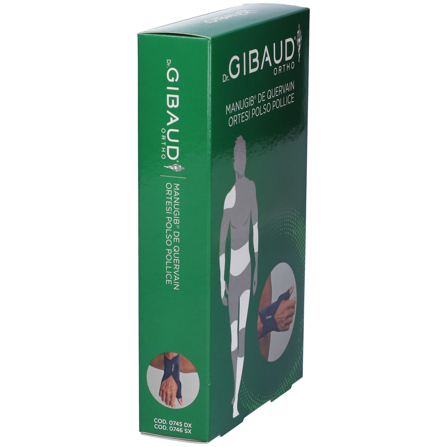 Grüne Verpackung, Seitenansicht. Aufschrift: Dr. Gibaud Ortho, Manugib De Quervain Ortesi Polso Pollice. Produktcode. Illustration der Orthese.