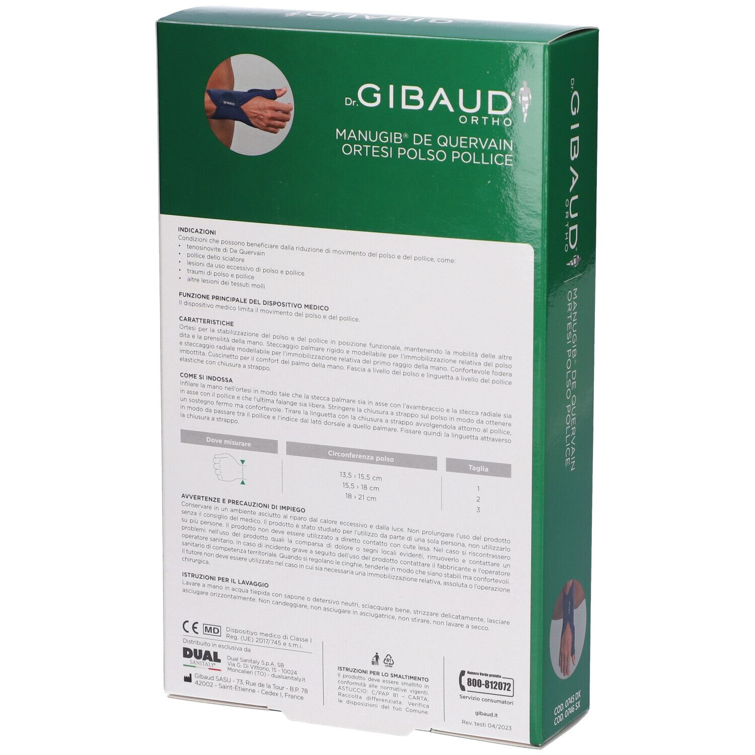 Rückseite der grünen Verpackung. Textinformationen und Illustrationen. Aufschrift: Dr. Gibaud Ortho. Medizinprodukt. Größenangaben.