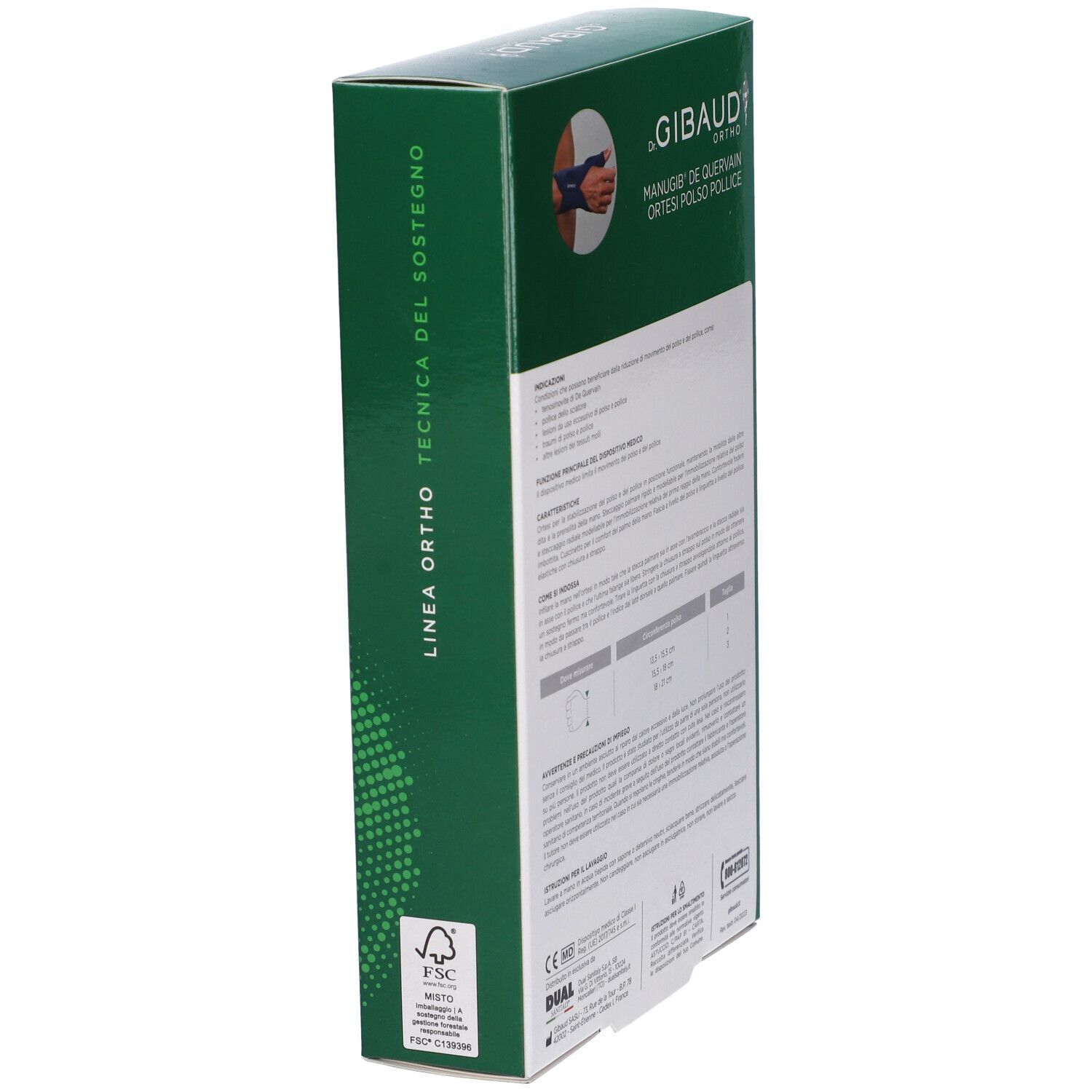 Seitenansicht der grünen Verpackung. Textinformationen. Aufschrift: Dr. Gibaud Ortho, Linea Ortho. Medizinprodukt. FSC-Logo.