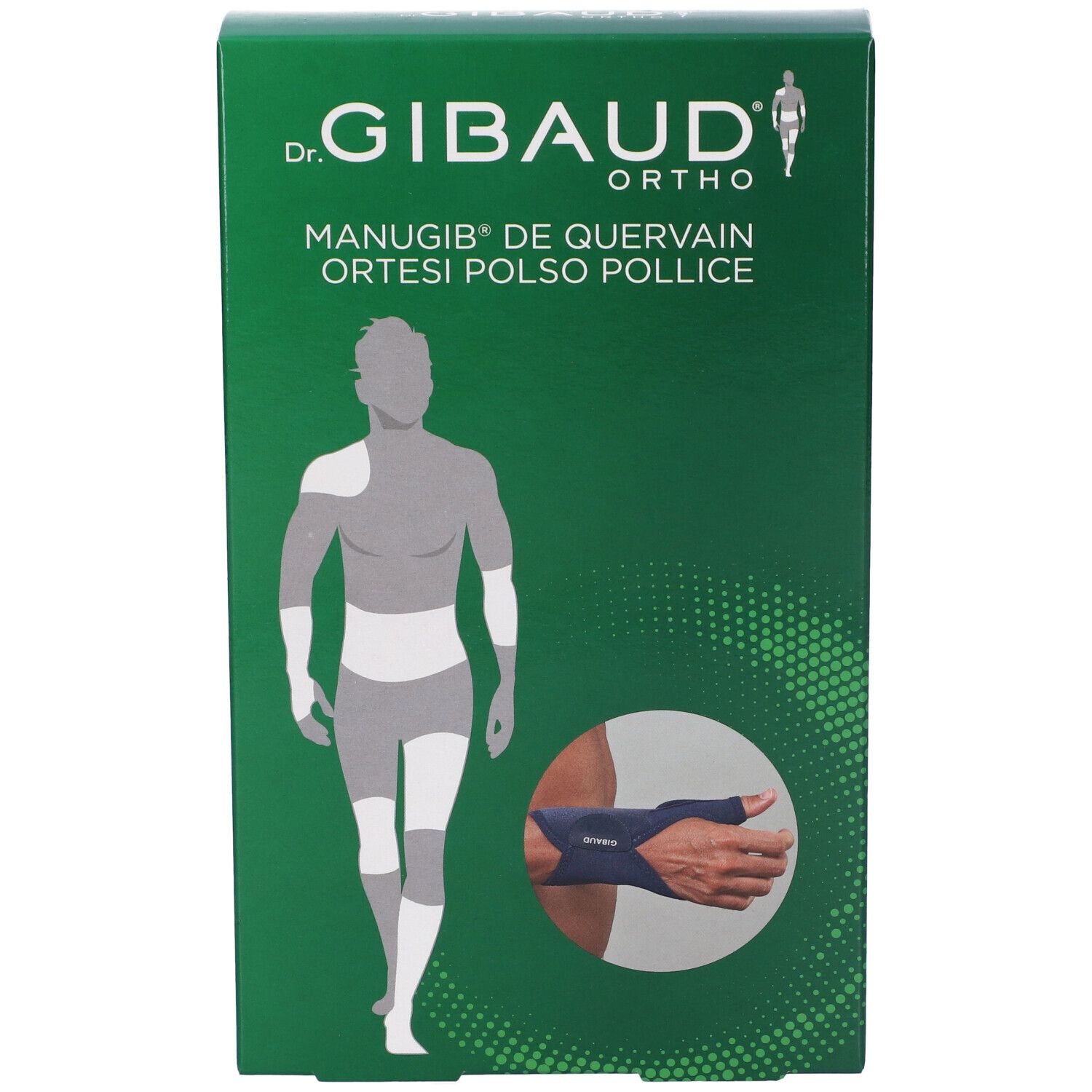 Grüne Verpackung mit Produktabbildung. Aufschrift: Dr. Gibaud Ortho, Manugib De Quervain Ortesi Polso Pollice. Illustration eines Mannes mit Orthese.