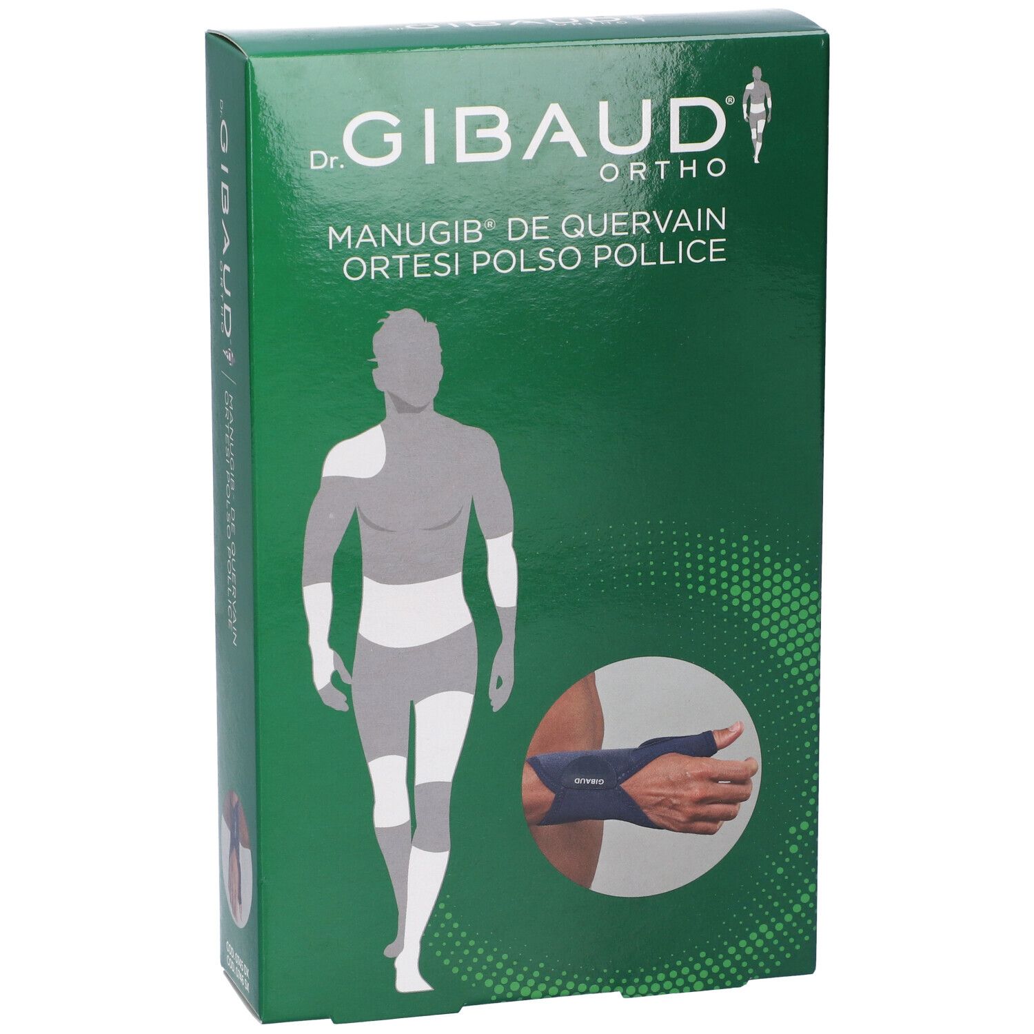 Grüne Verpackung. Aufschrift: Dr. Gibaud Ortho, Manugib De Quervain Ortesi Polso Pollice. Illustration eines Mannes mit Orthese am Handgelenk.