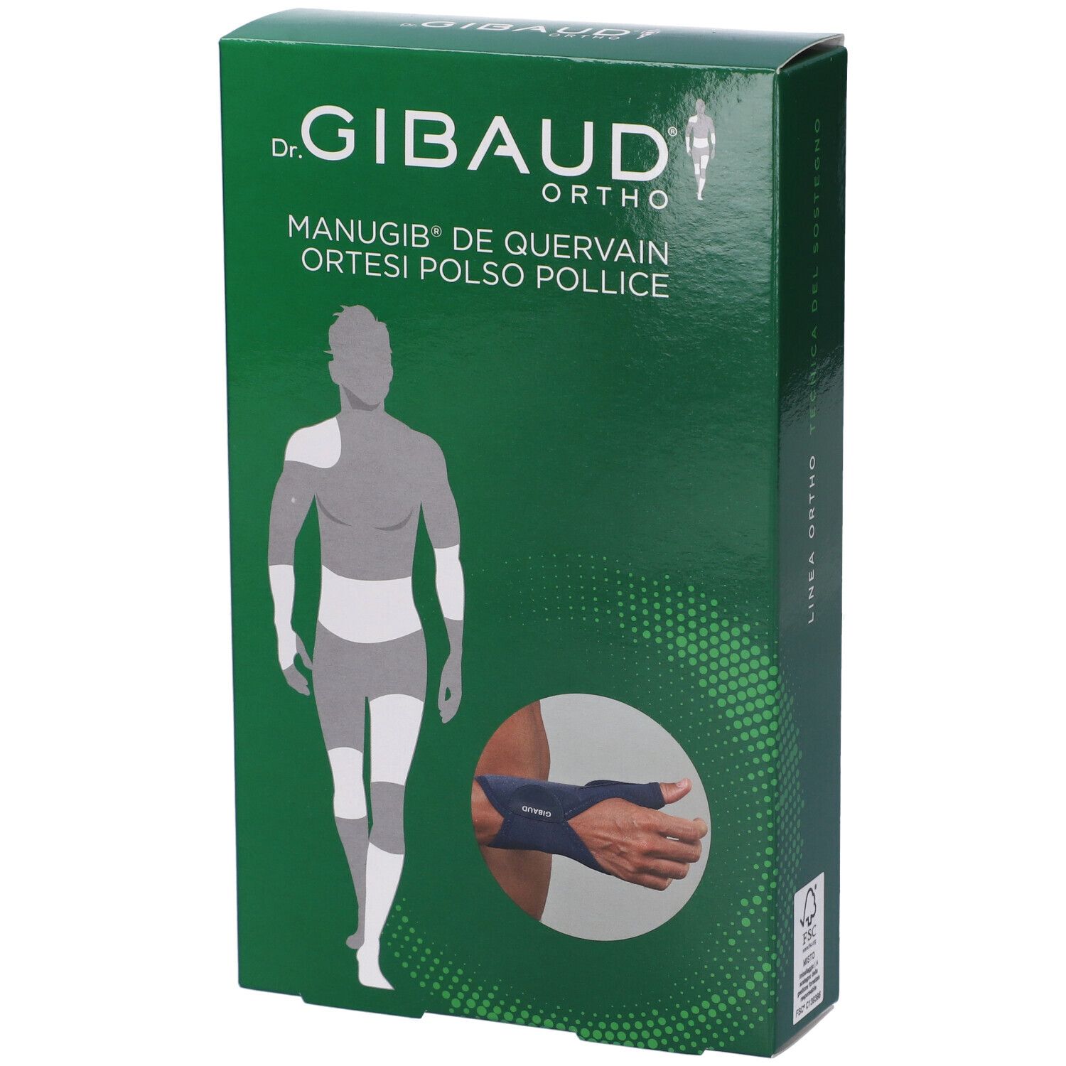 Grüne Verpackung. Aufschrift: Dr. Gibaud Ortho, Manugib De Quervain Ortesi Polso Pollice. Illustration einer Handorthese.