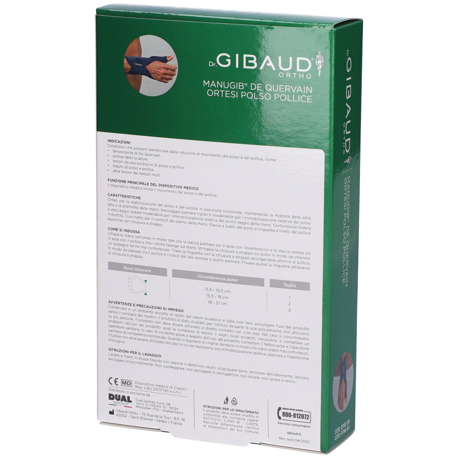 Grüne Verpackung. Aufschrift: Dr. Gibaud Ortho, Manugib De Quervain Ortesi Polso Pollice. Text über Eigenschaften und Pflege.