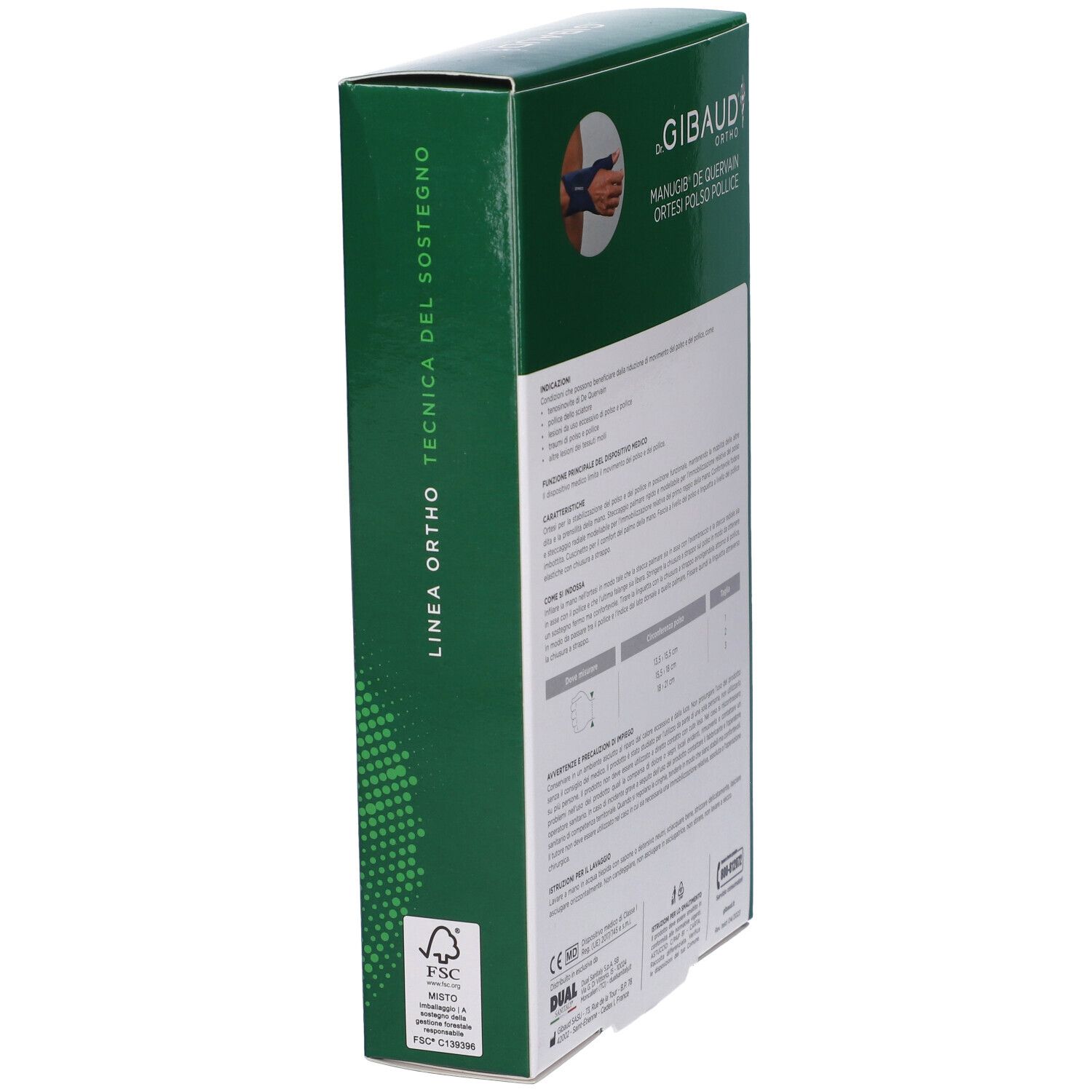 Grüne Verpackung. Aufschrift: Dr. Gibaud Ortho, Manugib De Quervain Ortesi Polso Pollice. Text über technische Unterstützung.