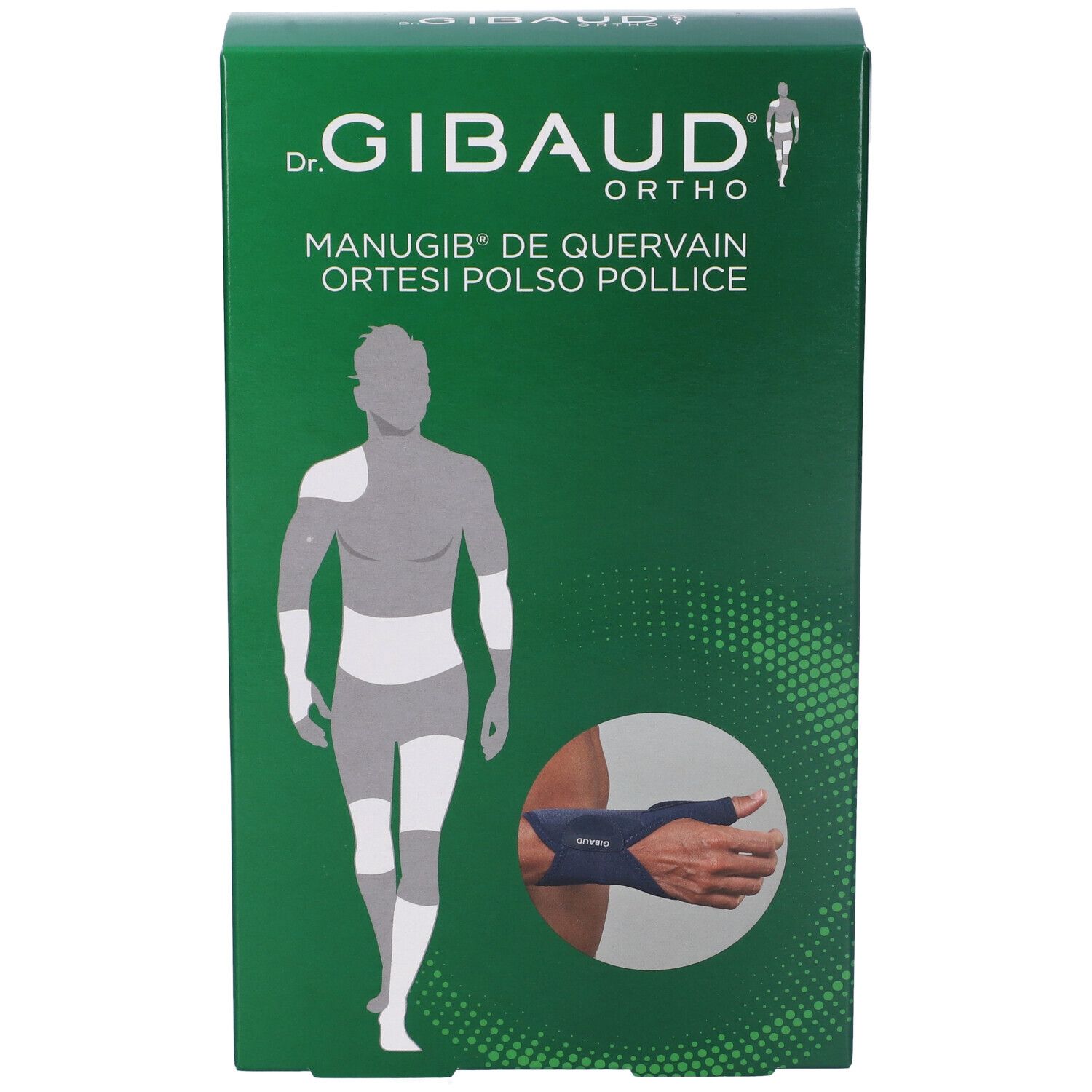 Grüne Verpackung. Aufschrift: Dr. Gibaud Ortho, Manugib De Quervain Ortesi Polso Pollice. Illustration einer Handorthese.