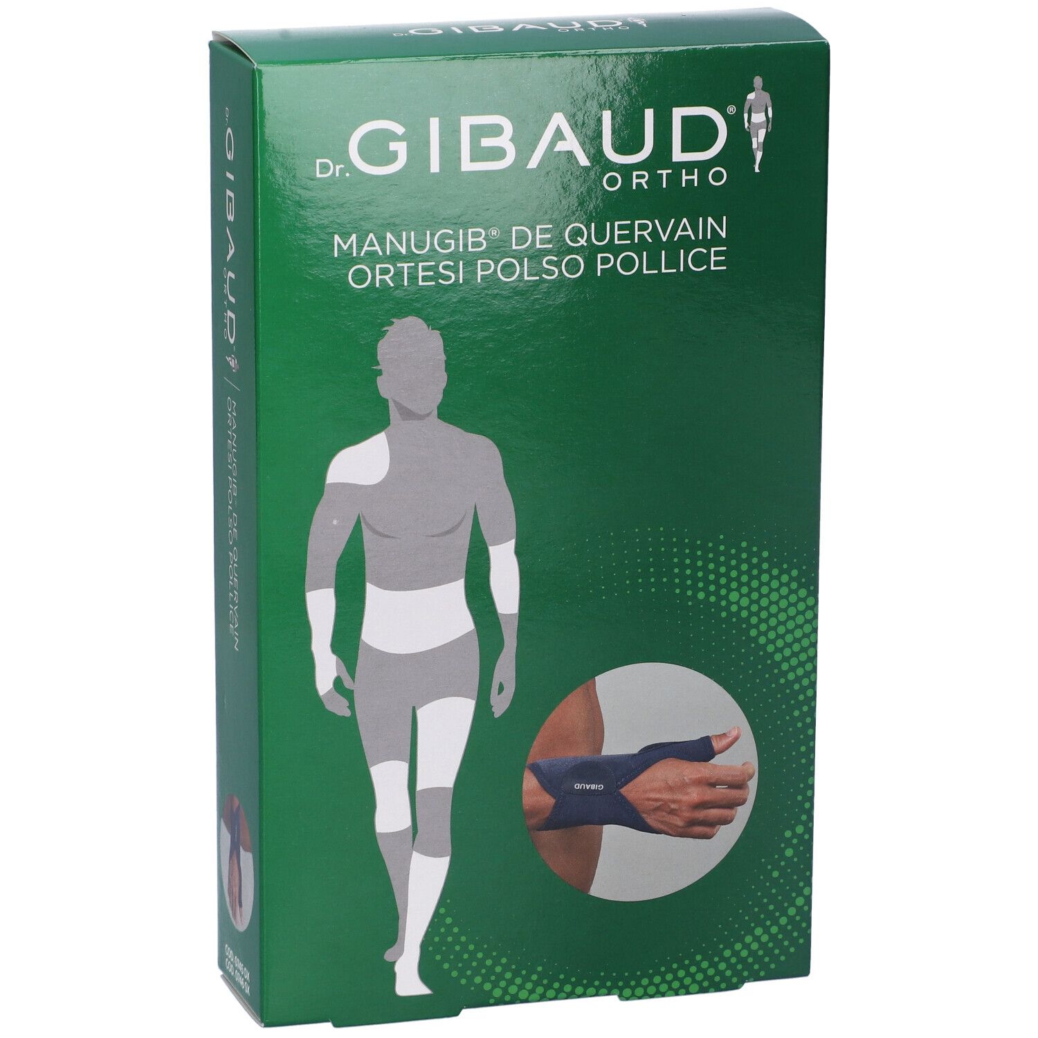 Grüne Verpackung. Aufschrift: Dr. Gibaud Ortho, Manugib De Quervain Ortesi Polso Pollice. Illustration einer Handorthese.