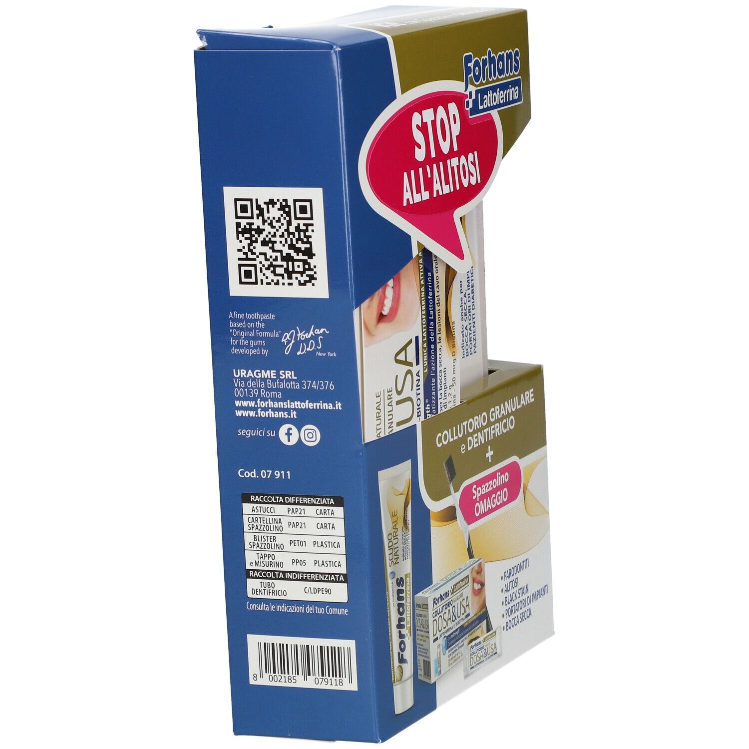 Confezione prodotto con codice QR e testo. Contiene collutorio, dentifricio e spazzolino.