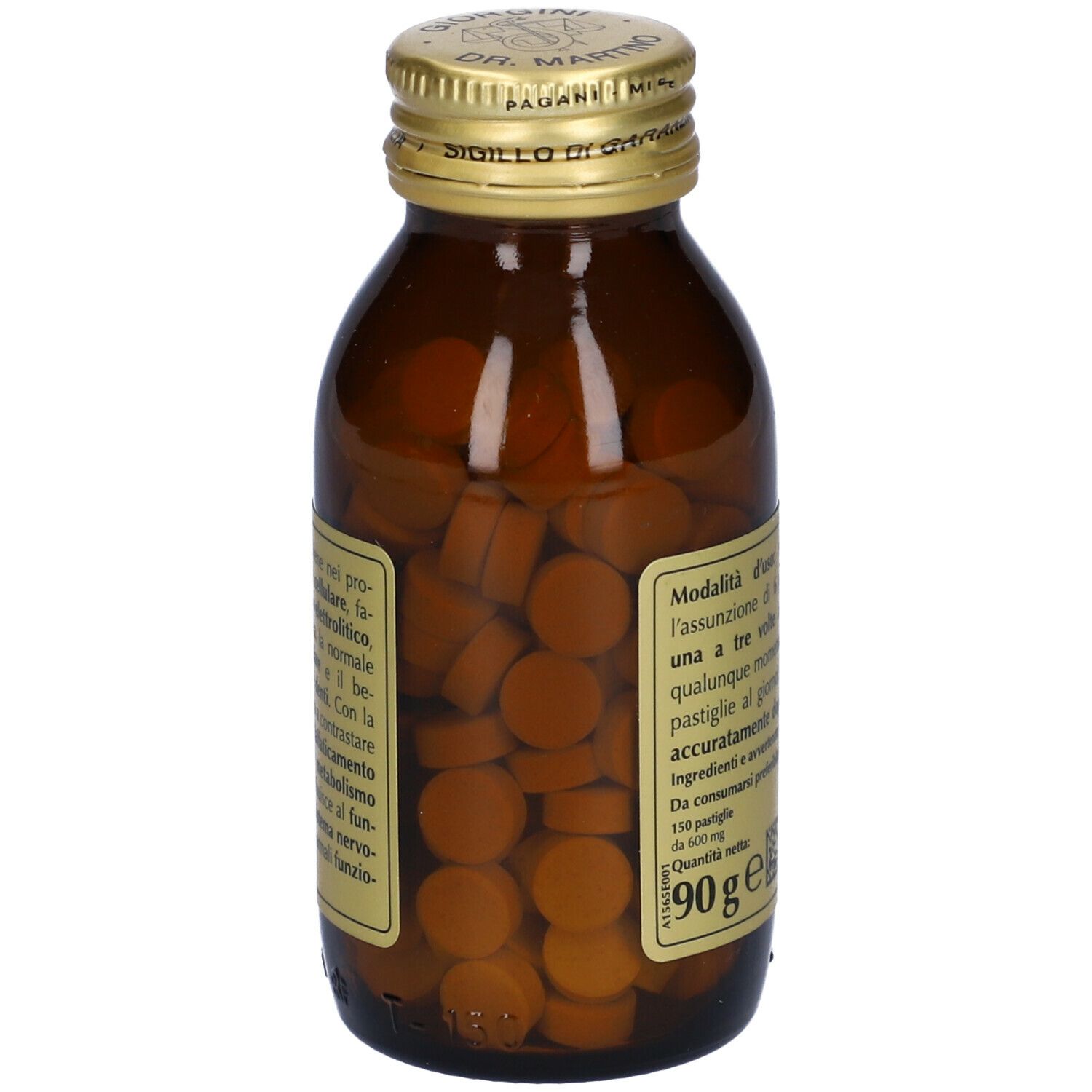 Bottiglia di vetro marrone con tappo dorato. Retro con testo ed etichetta. Scritta: Magnesio Cloruro.