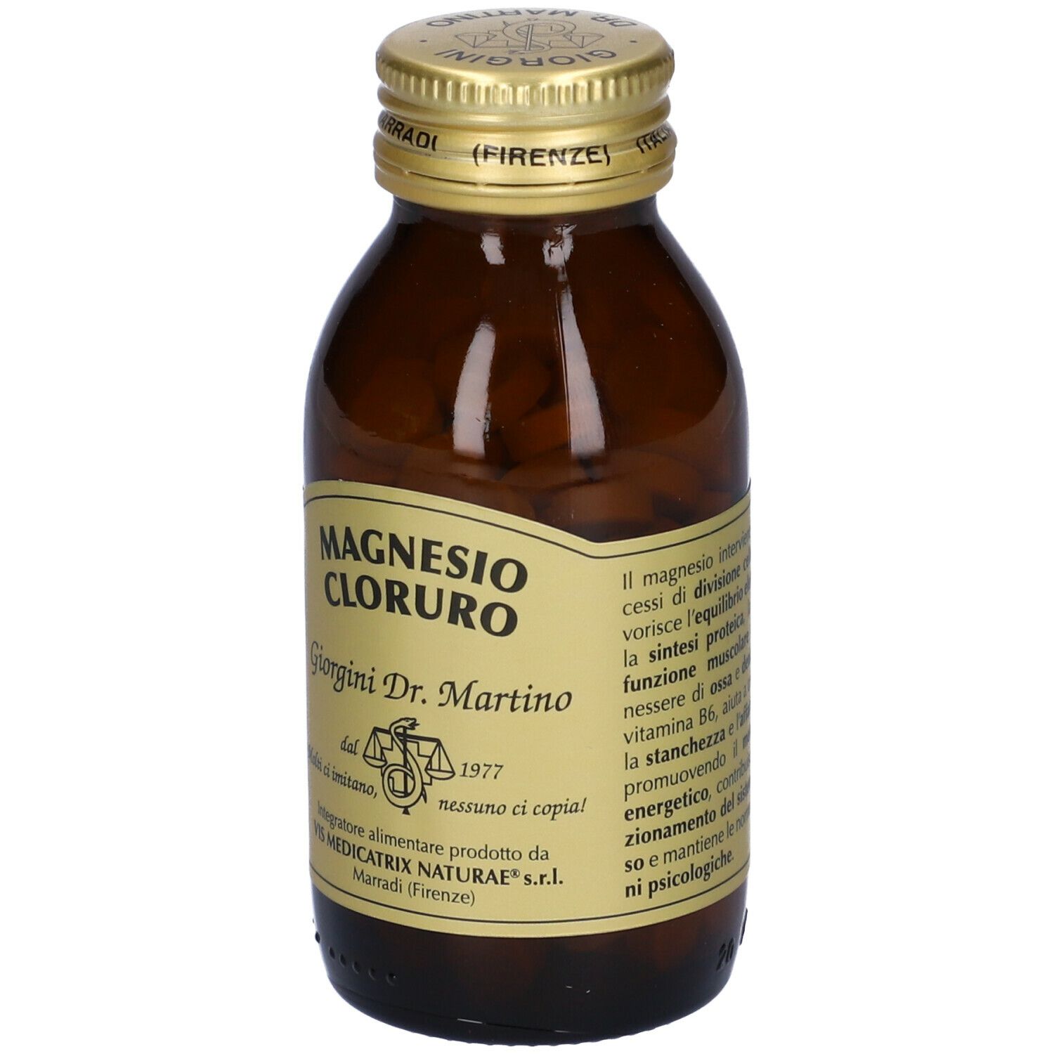 Bottiglia di vetro marrone con tappo dorato. Scritta: Magnesio Cloruro, Giorgini Dr. Martino.