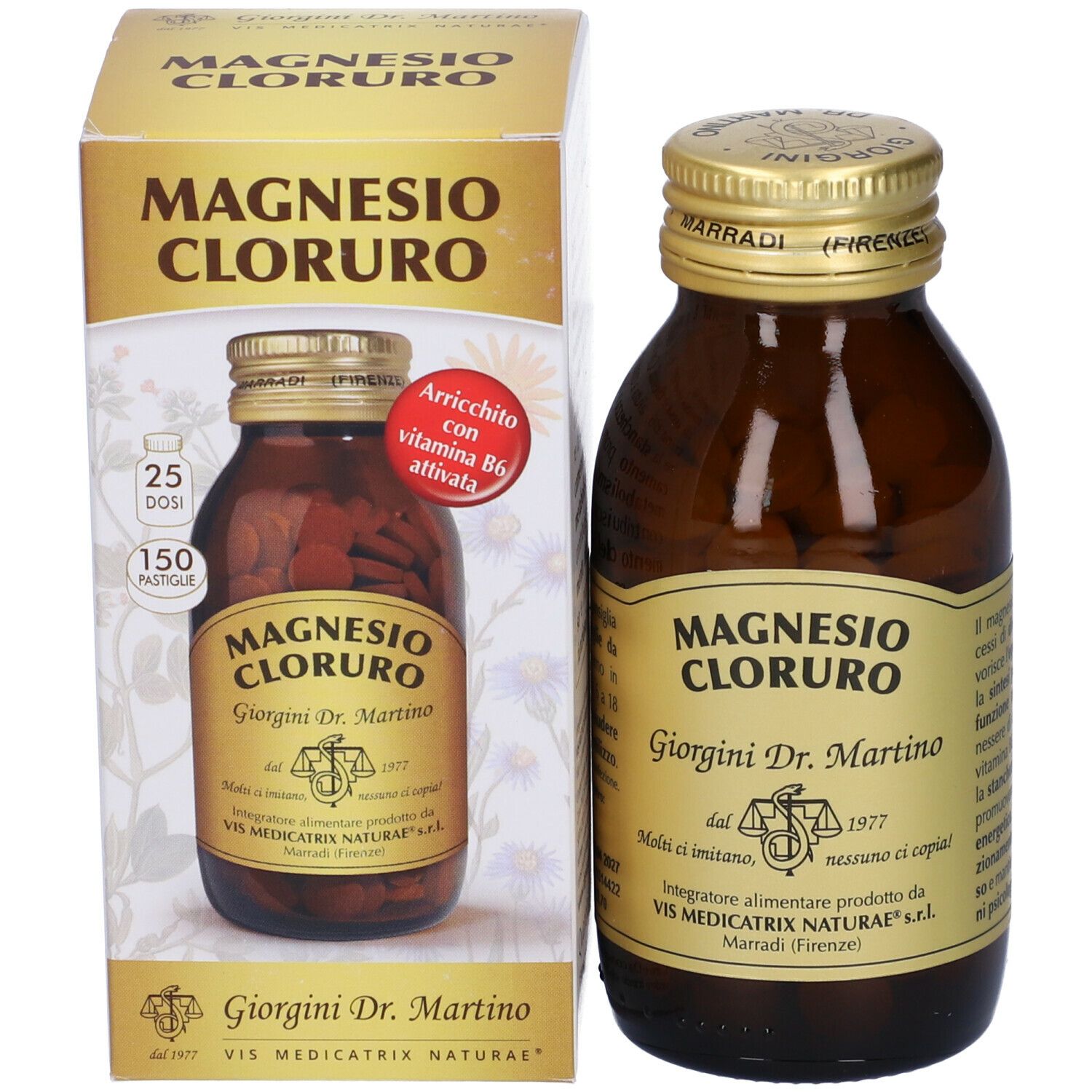 Bottiglia di vetro marrone e scatola. Scritta: Magnesio Cloruro, Giorgini Dr. Martino. 150 compresse.
