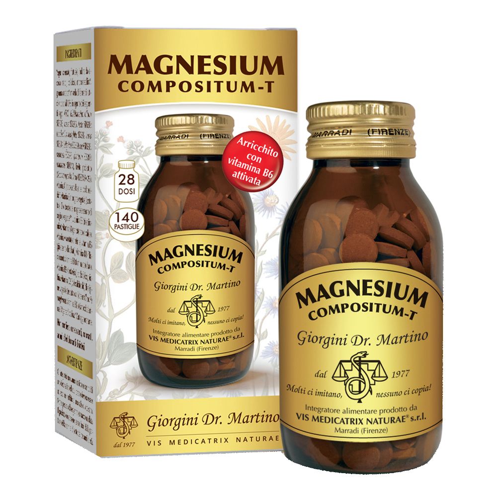 Flacone in vetro marrone con compresse. Scritta: Magnesium Compositum-T, Giorgini Dr. Martino. Con confezione.