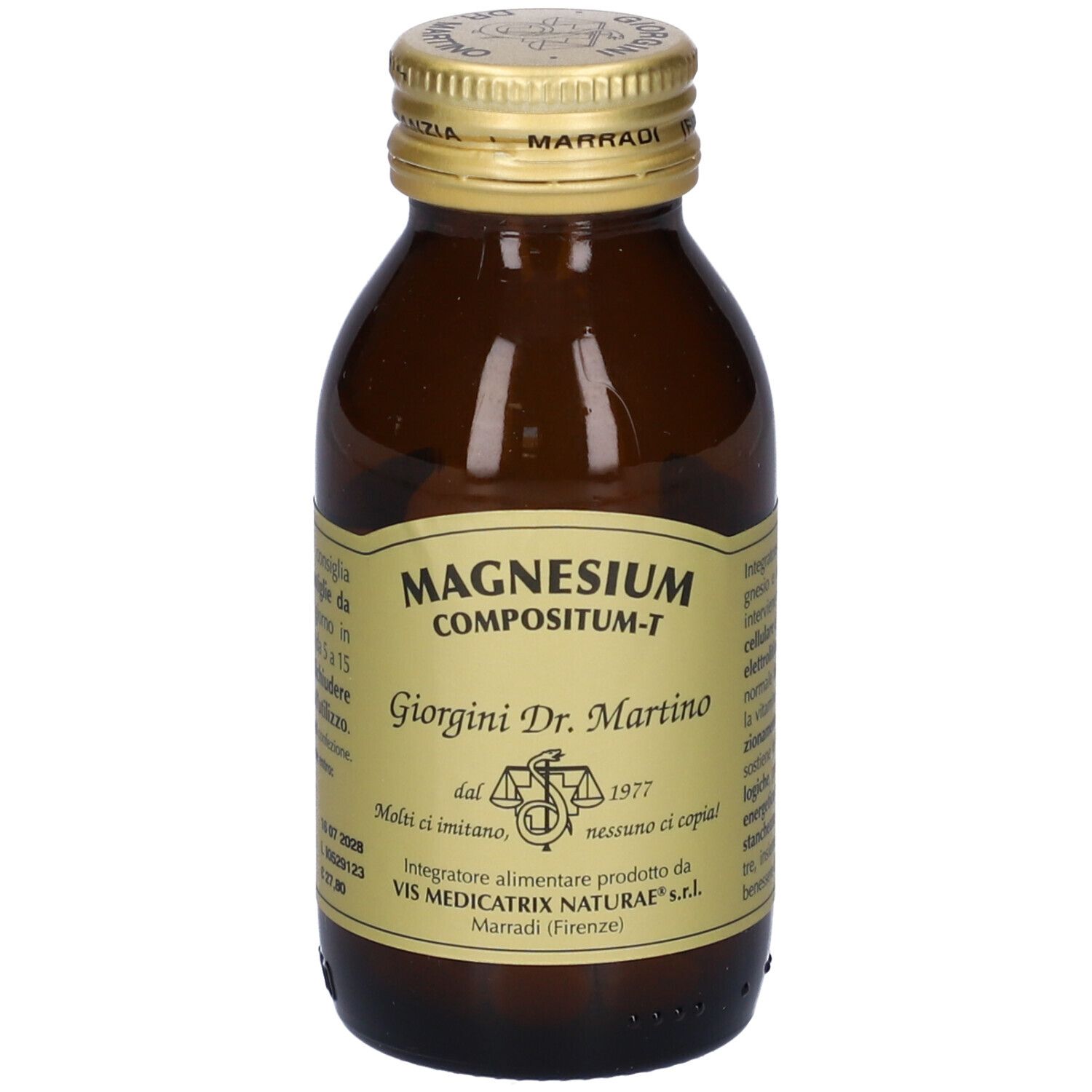 Flacone in vetro marrone con compresse. Scritta: Magnesium Compositum-T, Giorgini Dr. Martino. Tappo dorato.