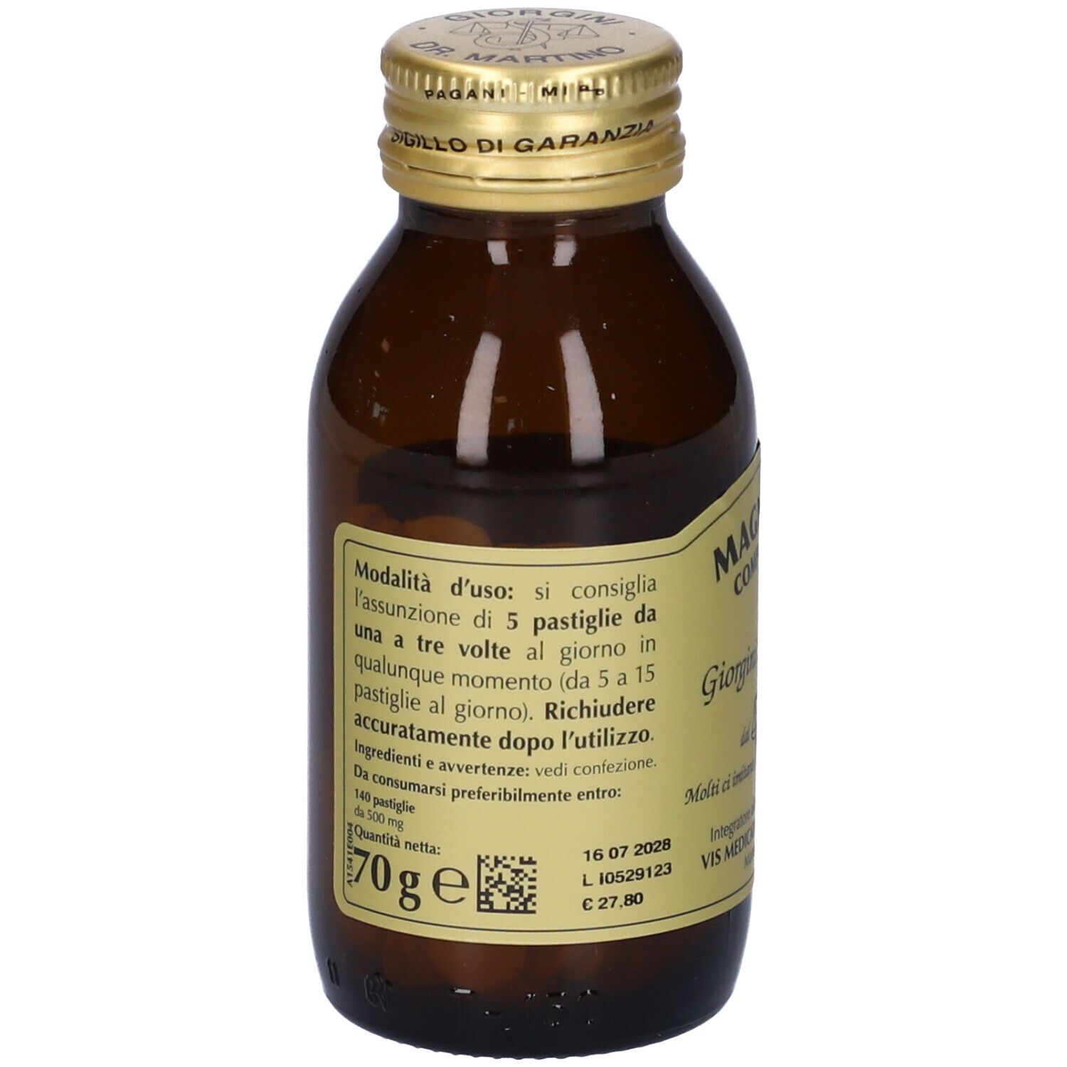 Flacone in vetro marrone con compresse. Scritta: Magnesium Compositum-T, Giorgini Dr. Martino. Testo sul retro.