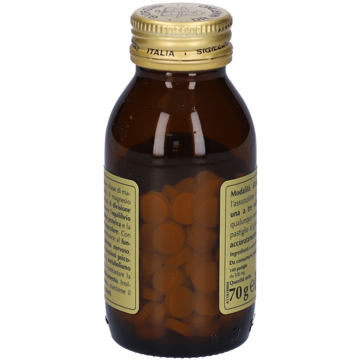 Flacone in vetro marrone con compresse. Scritta: Magnesium Compositum-T, Giorgini Dr. Martino. Compresse visibili.
