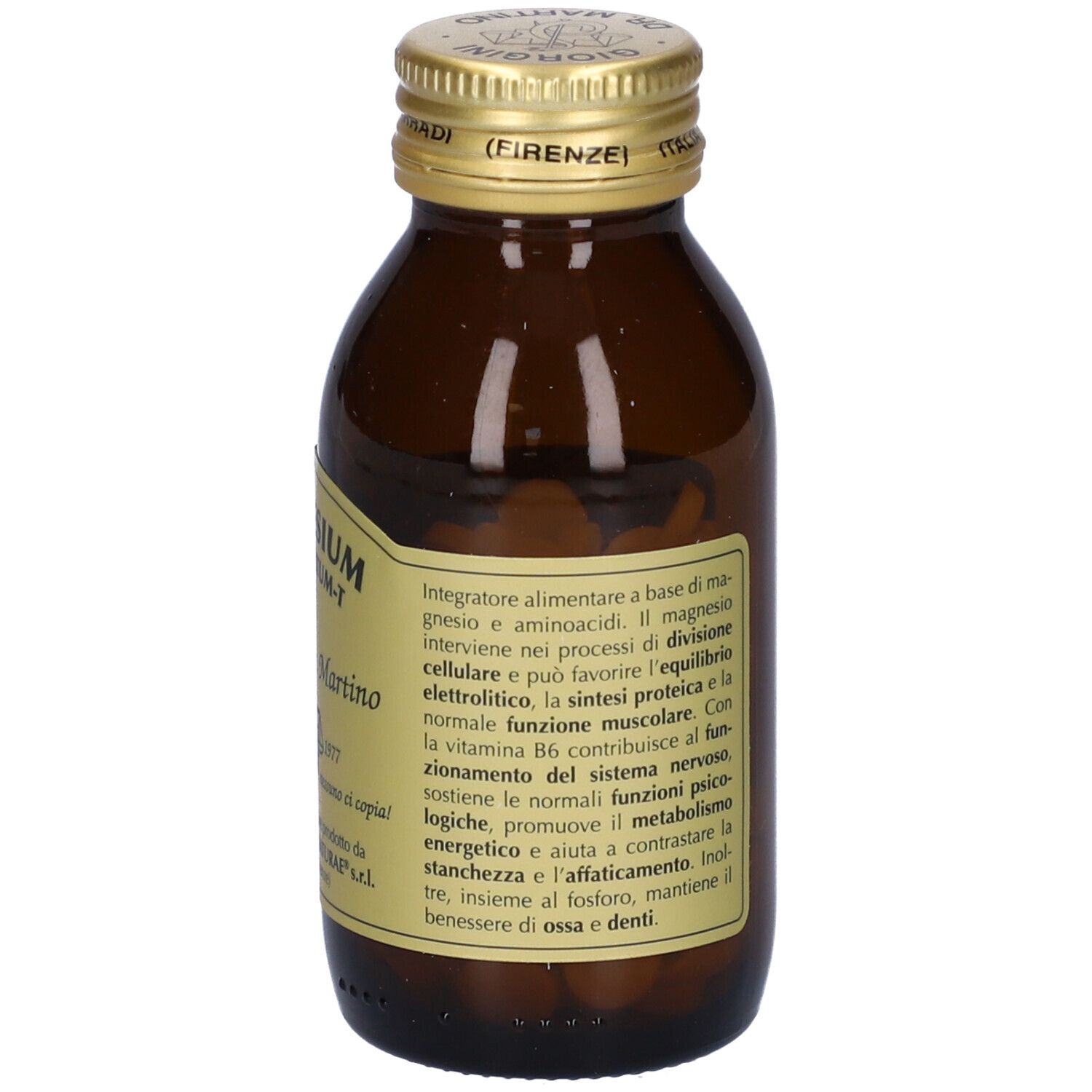 Flacone in vetro marrone con compresse. Scritta: Magnesium Compositum-T, Giorgini Dr. Martino. Testo sul retro.