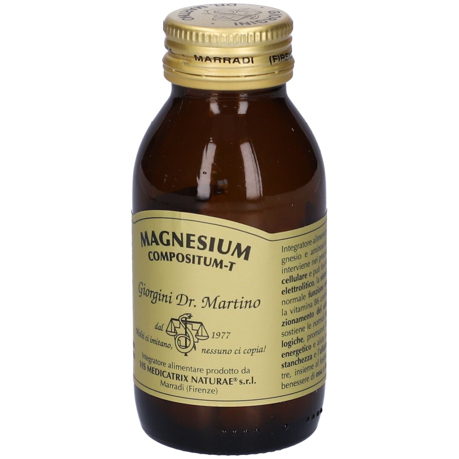 Flacone in vetro marrone con compresse. Scritta: Magnesium Compositum-T, Giorgini Dr. Martino. Tappo dorato.