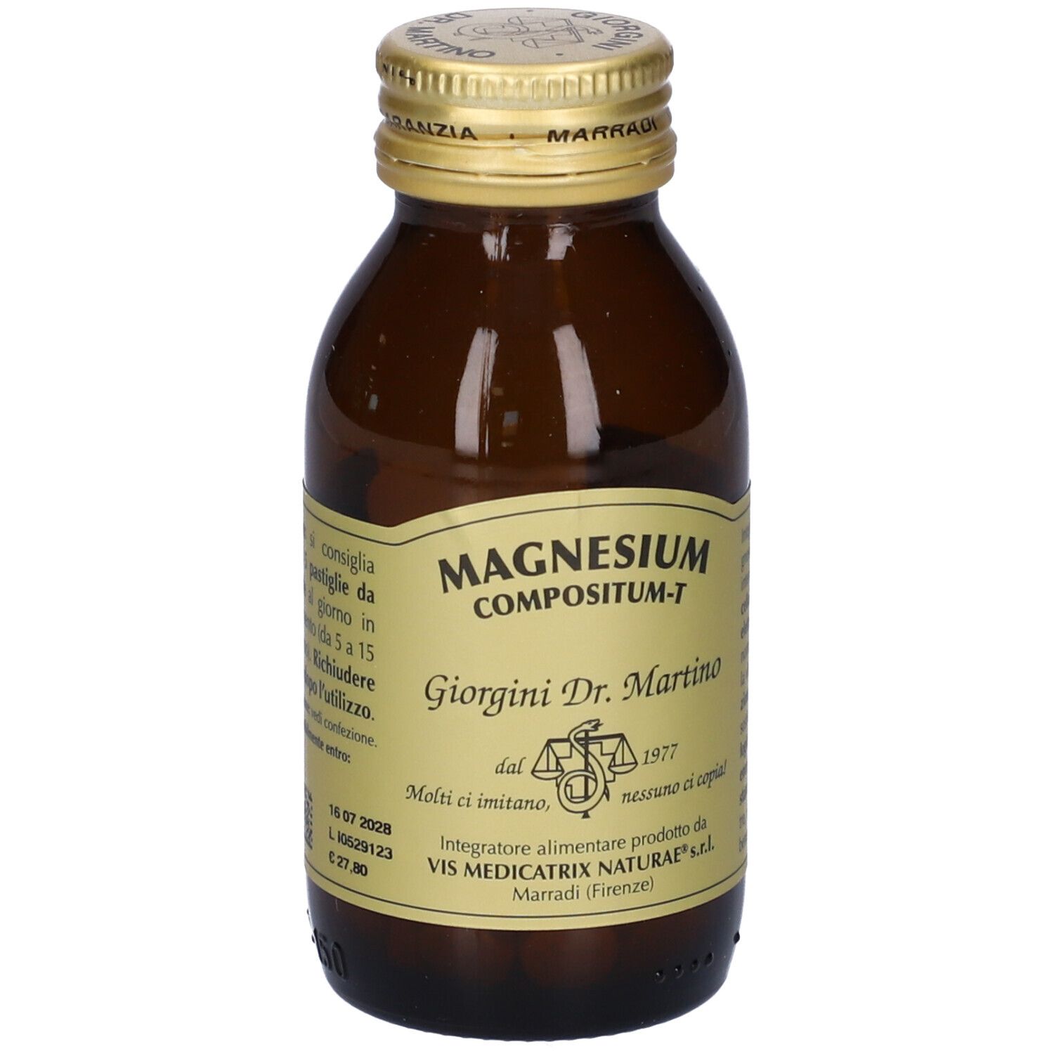 Flacone in vetro marrone con compresse. Scritta: Magnesium Compositum-T, Giorgini Dr. Martino. Tappo dorato.