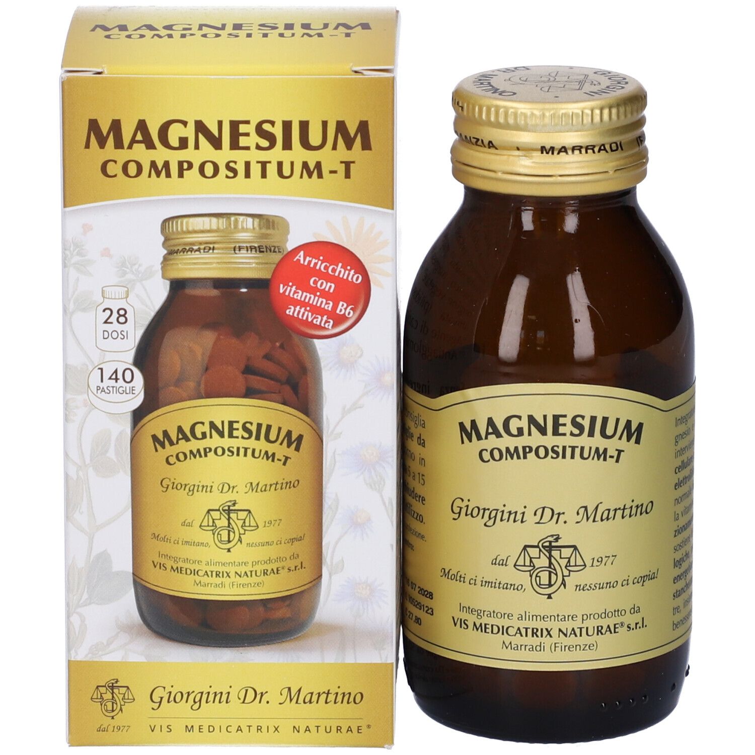 Flacone in vetro marrone e confezione. Scritta: Magnesium Compositum-T, Giorgini Dr. Martino. 140 compresse.