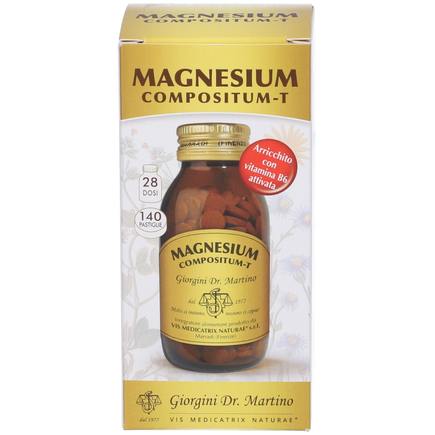 Confezione. Scritta: Magnesium Compositum-T, Giorgini Dr. Martino. 140 compresse. Con adesivo rosso.