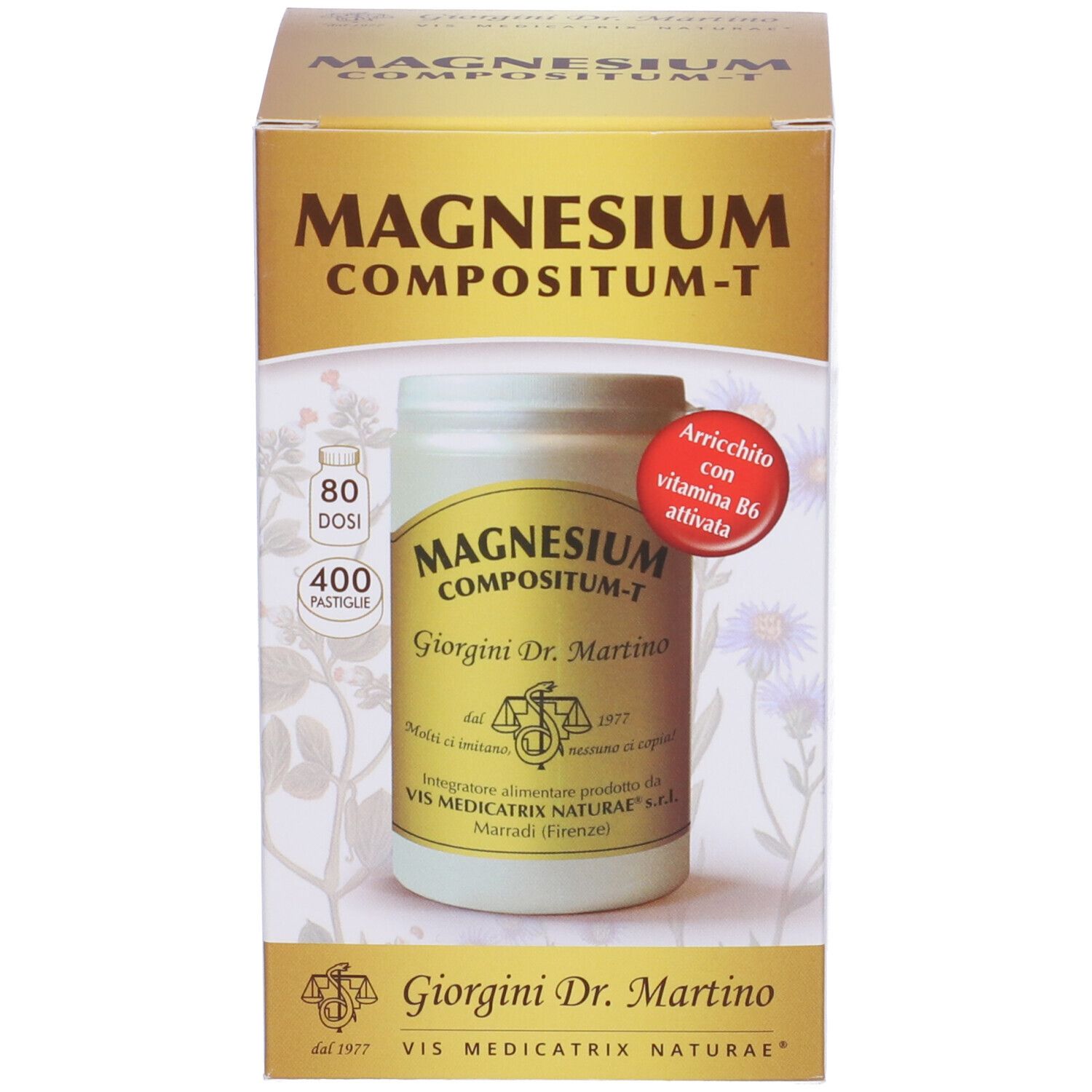 Produktverpackung und Dose. Auf der Verpackung steht der Produktname und die Dosierung.