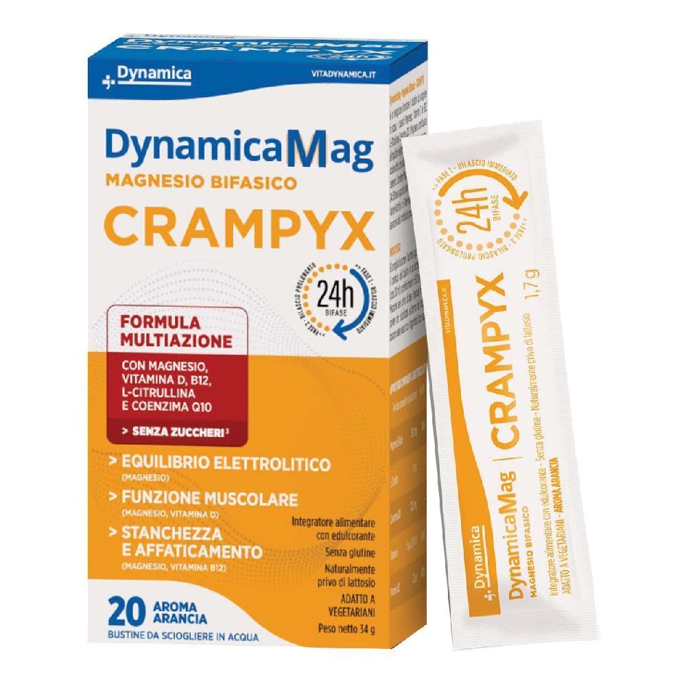 Confezione Dynamicamag Crampyx con bustina. Design arancione e bianco. Contiene 20 bustine. Testo: Magnesio Bifasico, Aroma Arancia.