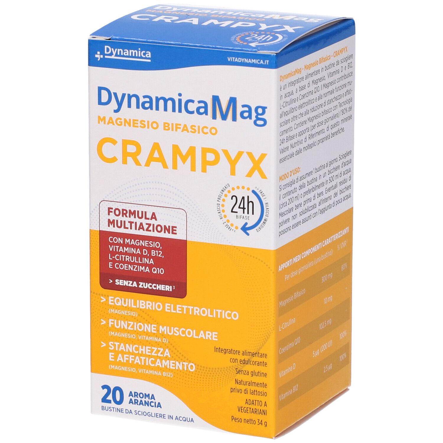 Confezione Dynamicamag Crampyx. Design bianco-arancione-blu. Contiene 20 bustine. Testo: Magnesio Bifasico, Aroma Arancia, 24h.