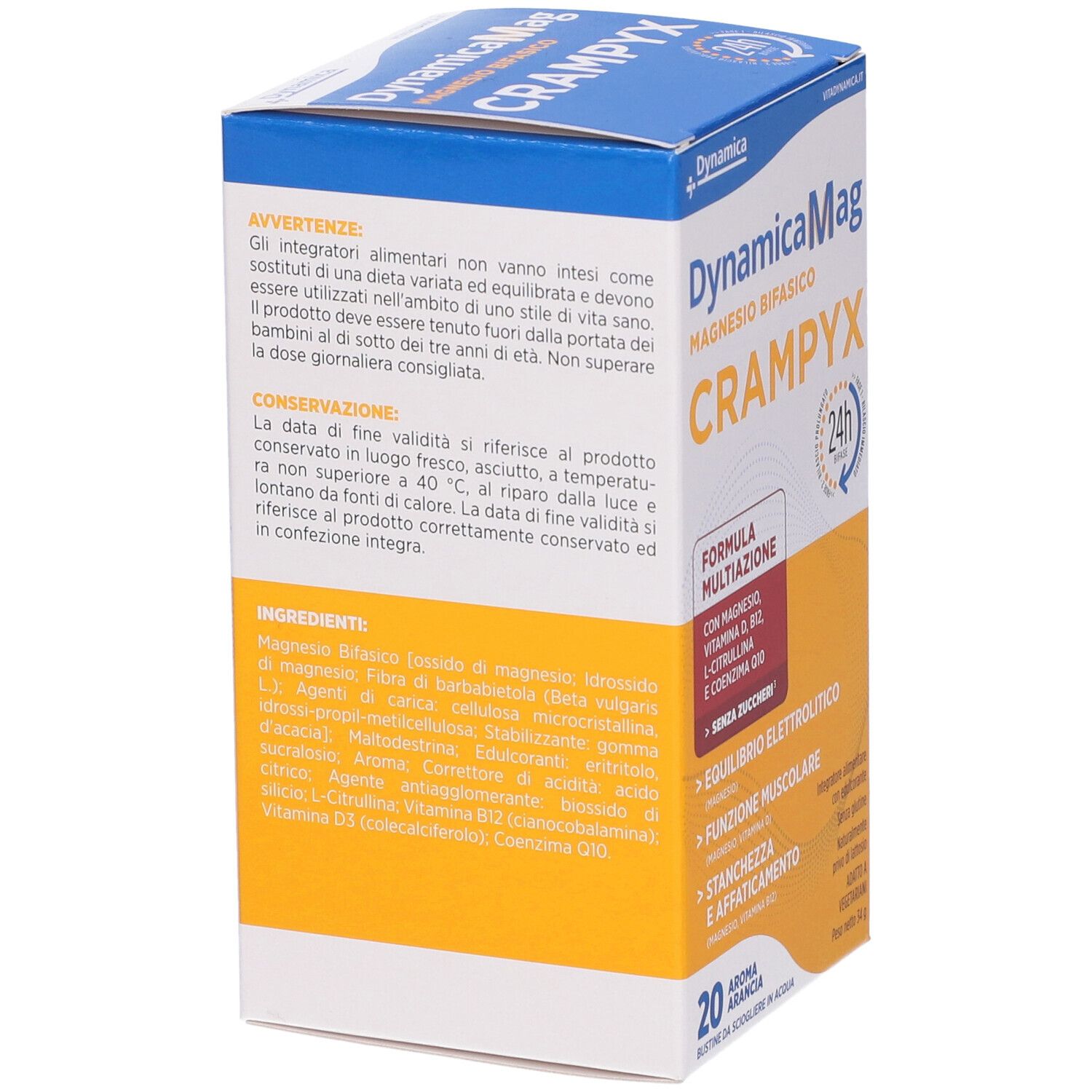 Retro della confezione Dynamicamag Crampyx. Testo: Ingredienti, consigli di conservazione, avvertenze. 20 bustine.