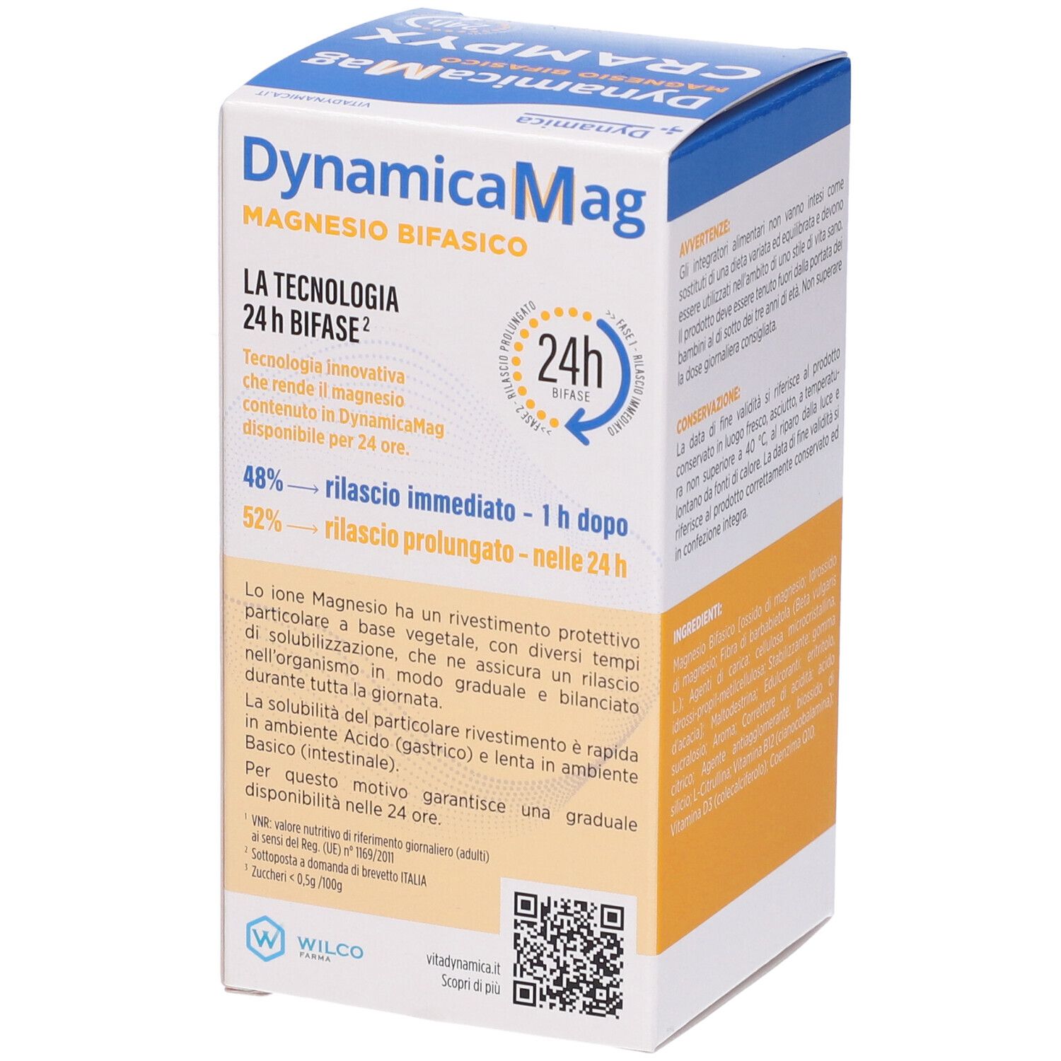 Lato della confezione Dynamicamag Crampyx. Testo: Tecnologia 24h Bifase, ingredienti, dosaggio. 20 bustine.