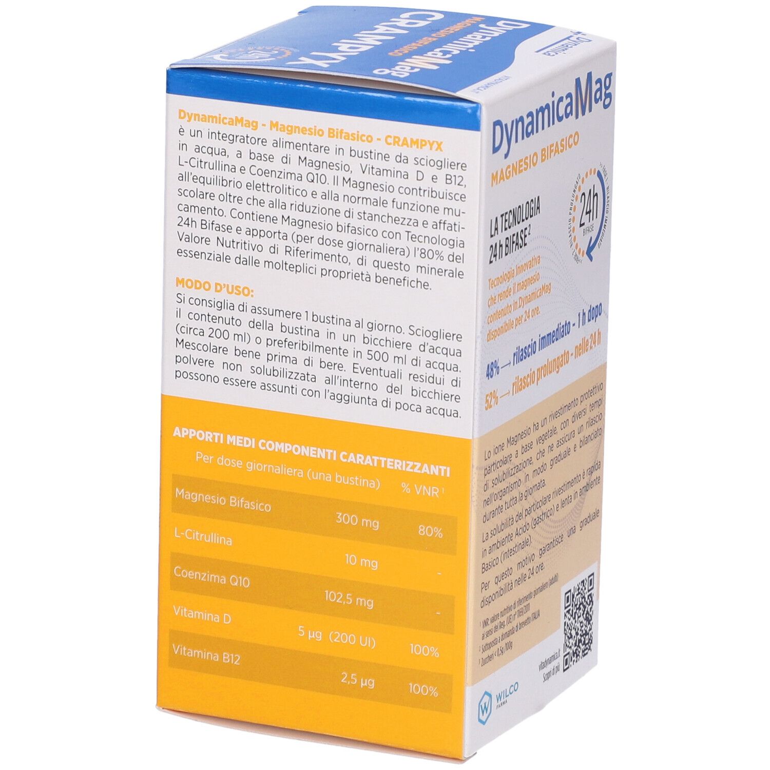 Retro della confezione Dynamicamag Crampyx. Testo: Ingredienti, dosaggio, informazioni nutrizionali. 20 bustine.