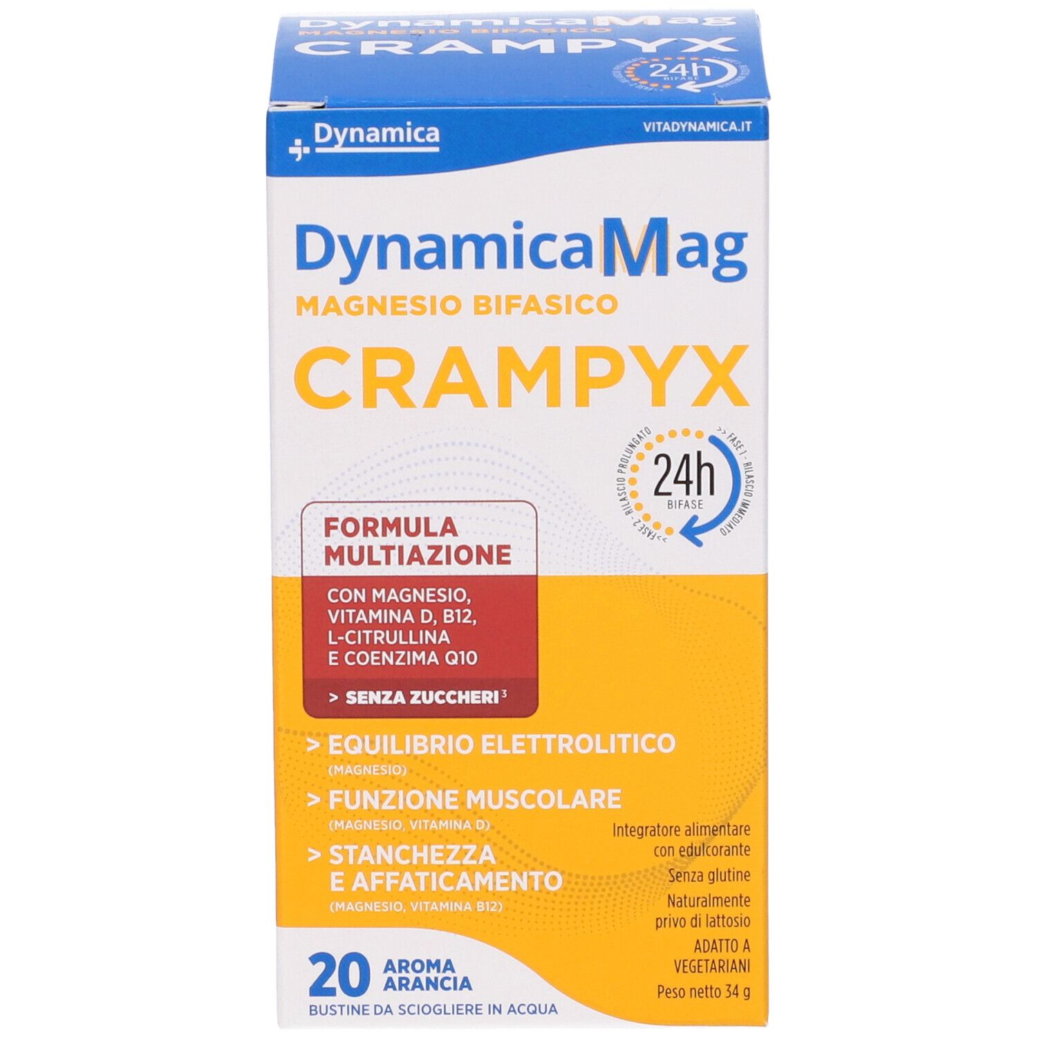 Fronte della confezione Dynamicamag Crampyx. Design bianco-arancione-blu. Contiene 20 bustine. Testo: Magnesio Bifasico, 24h.